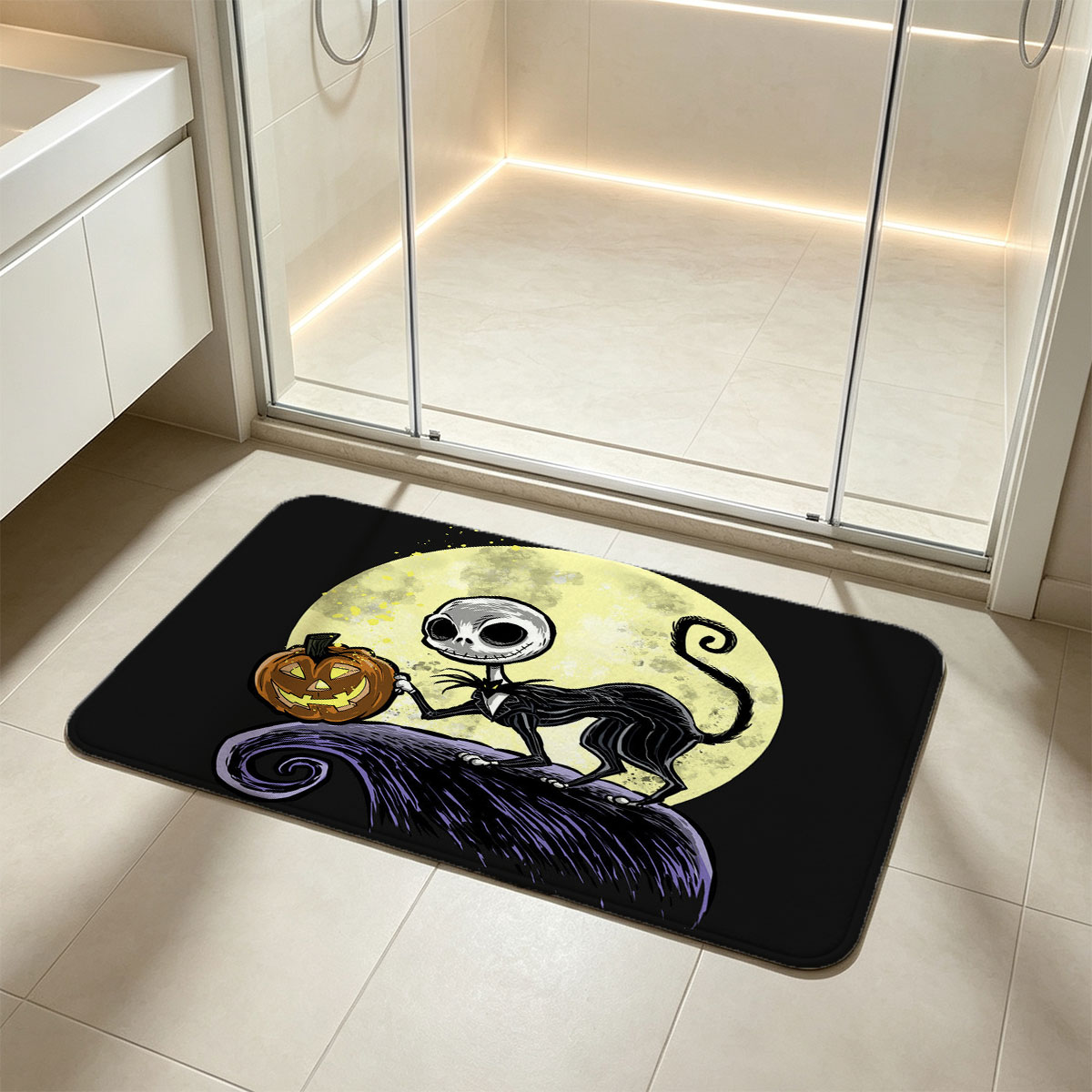 Jack Skellington from The Nightmare Before Christmas holding a pumpkin against a full moon - Flannel floor mat
