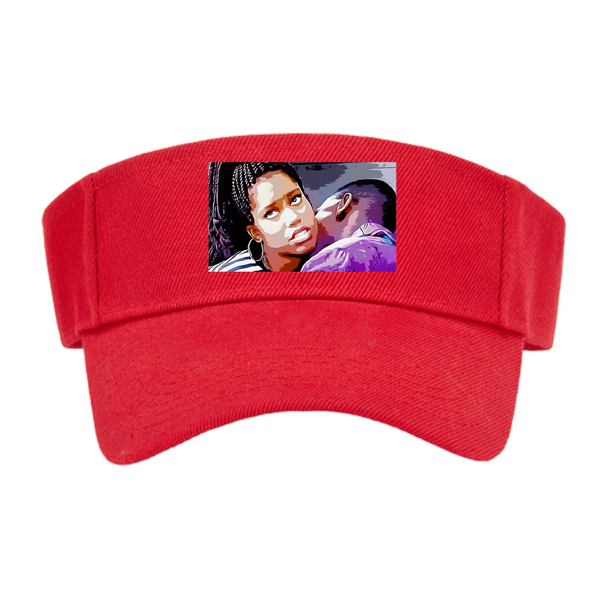 Woman with Braids and Hoop Earrings in Striped Shirt, Man in Purple Shirt with Tattooed Back -  Visor cap
