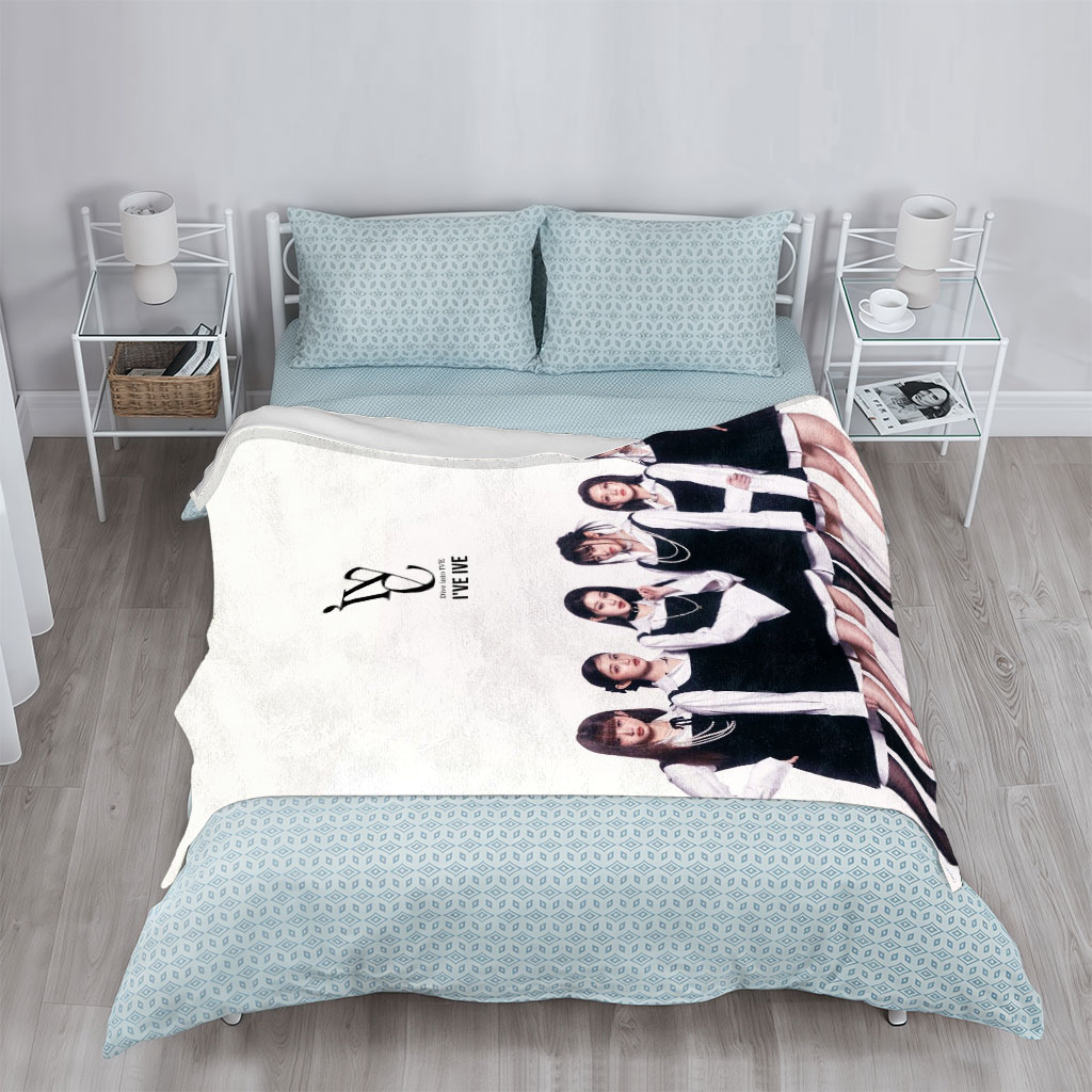 IVE Group in Black and White Schoolgirl Outfits Standing Together on White Background - Blankets