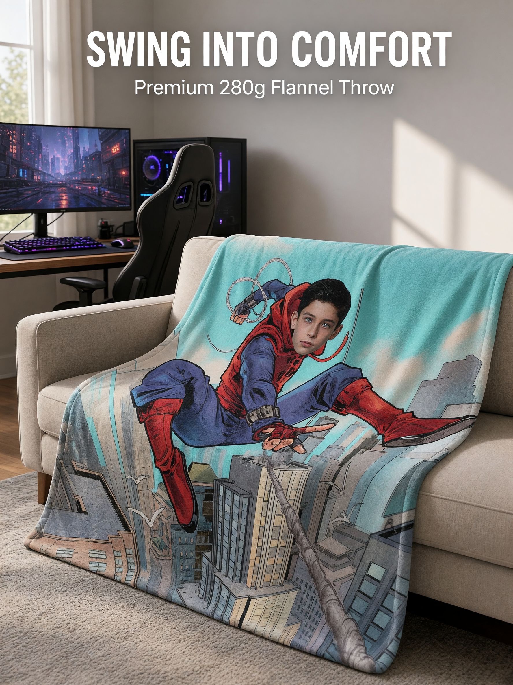 Custom Face Superhero Flannel Throw Blanket Personalized Photo Comic Character Warm Plush Fleece Bed Couch Travel