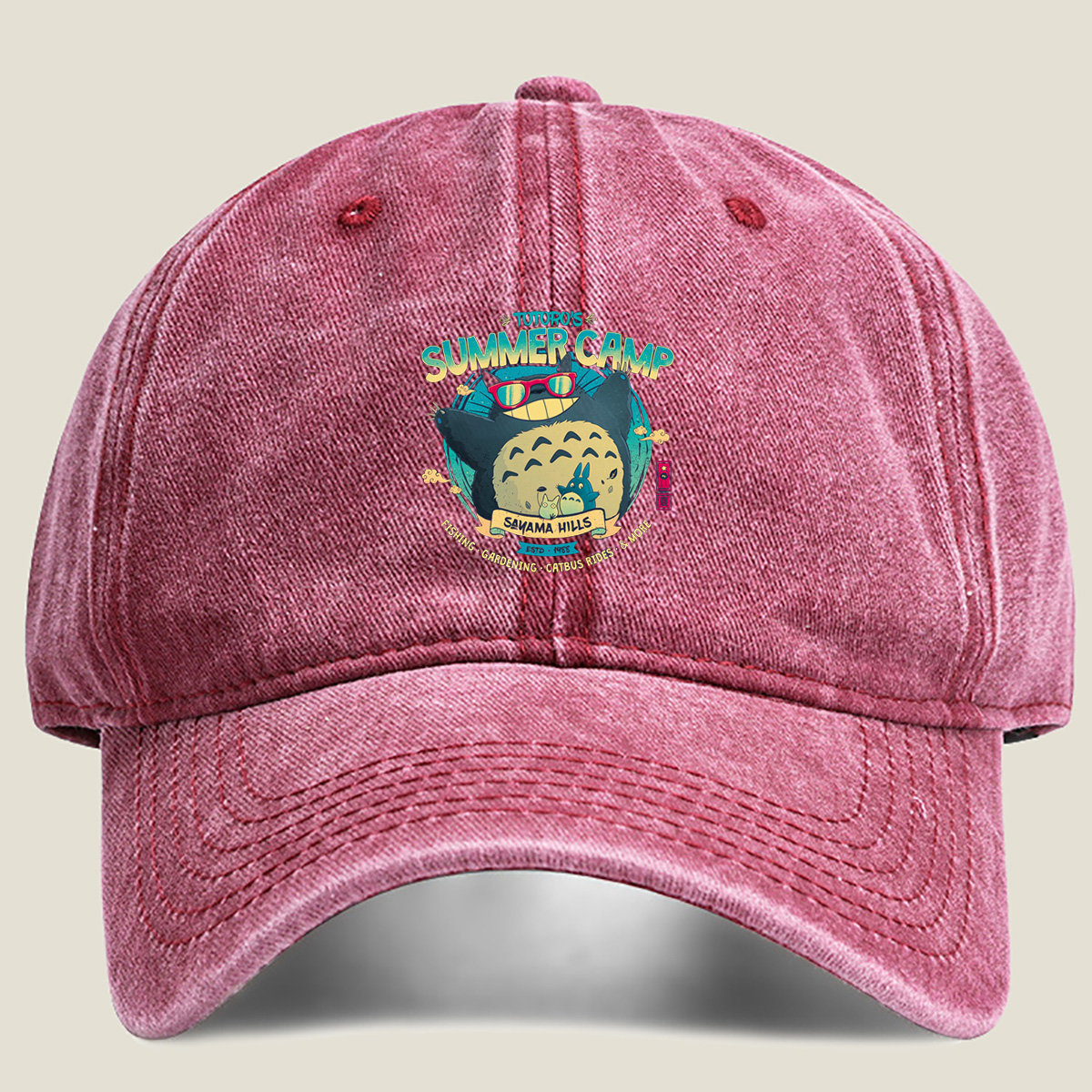 Totoro's Summer Camp: Totoro, Little Totoros, and Catbus in Sakama Hills - Washed Denim - Baseball Cap