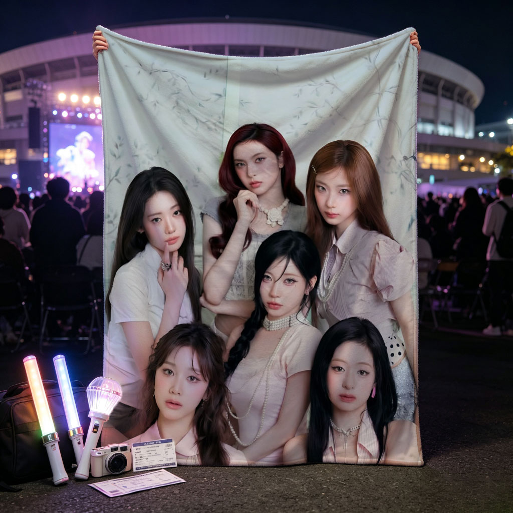 NMIXX Group Portrait in Elegant Pink Outfits Against Floral Background - Blankets