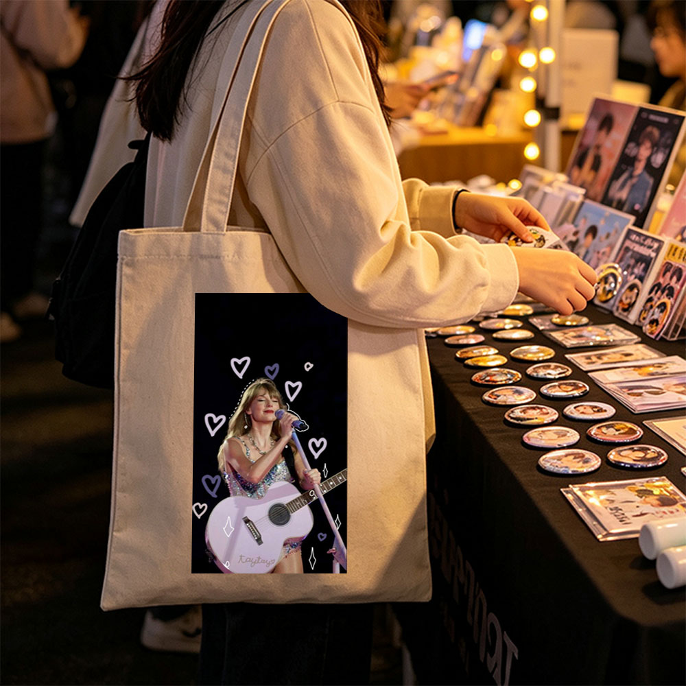 Taylor Swift Performing Live with Acoustic Guitar and Hearts Overlay - Canvas tote bags