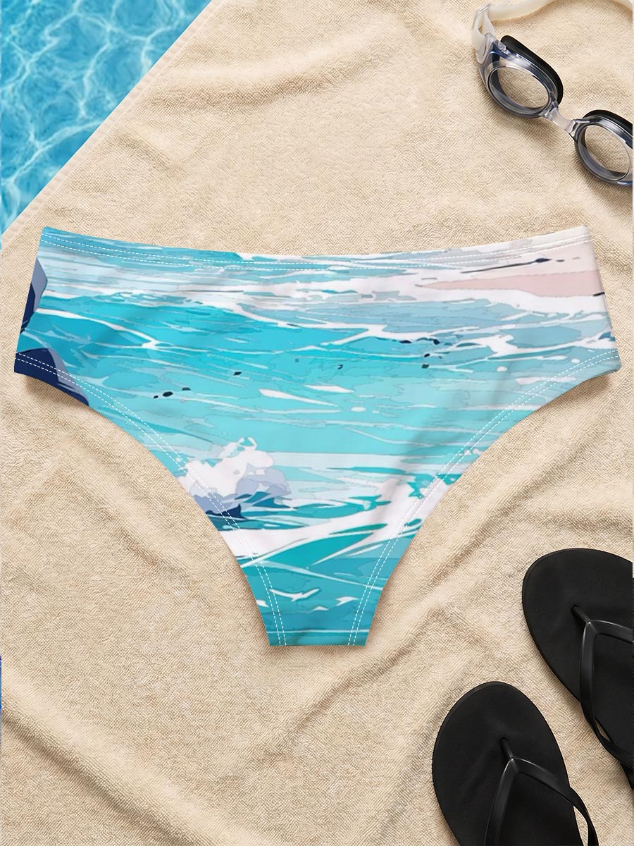 Turquoise waves crash on a rocky beach with distant city skyline and lush green hills under a bright sky. -  Men's swim trunks