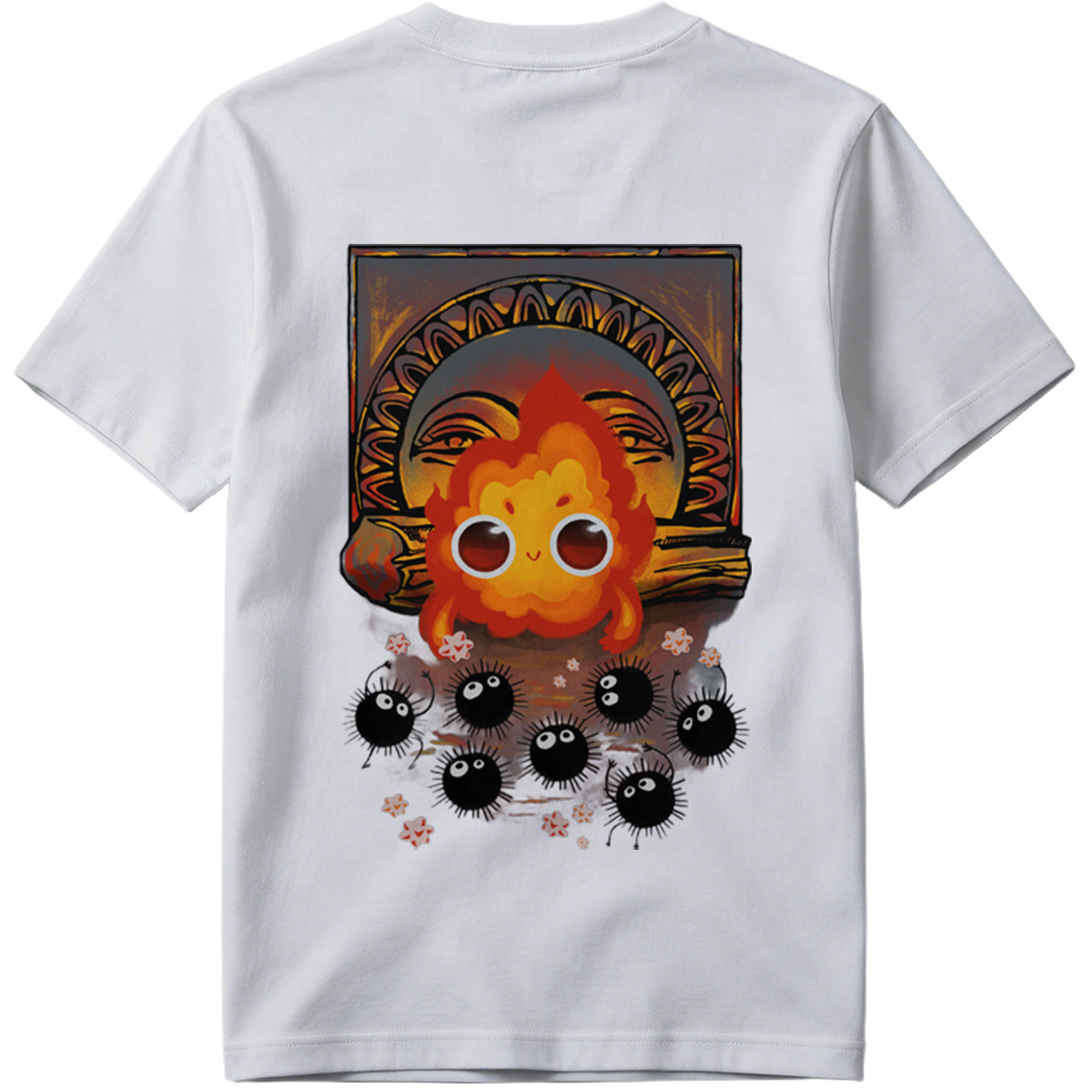 Cute Flame Character with Black Spiky Creatures and Ancient Mask Background - Tee