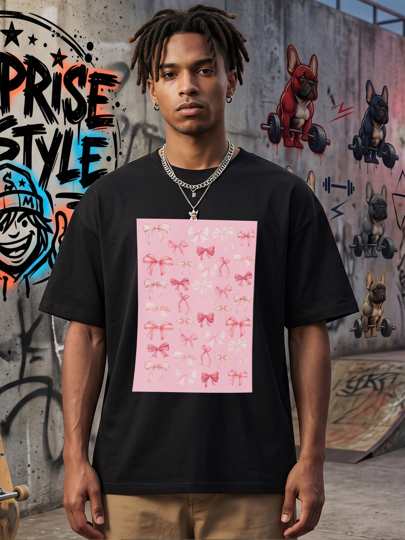 Men's Bow Print T-Shirt with Pink Ribbon Pattern Casual Round Neck Summer Lightweight Breathable Short Sleeve T-Shirt for Everyday Wear, Outdoor Activities, and Leisure Time - Perfect for Young Adults and Trendy Fashion Lovers