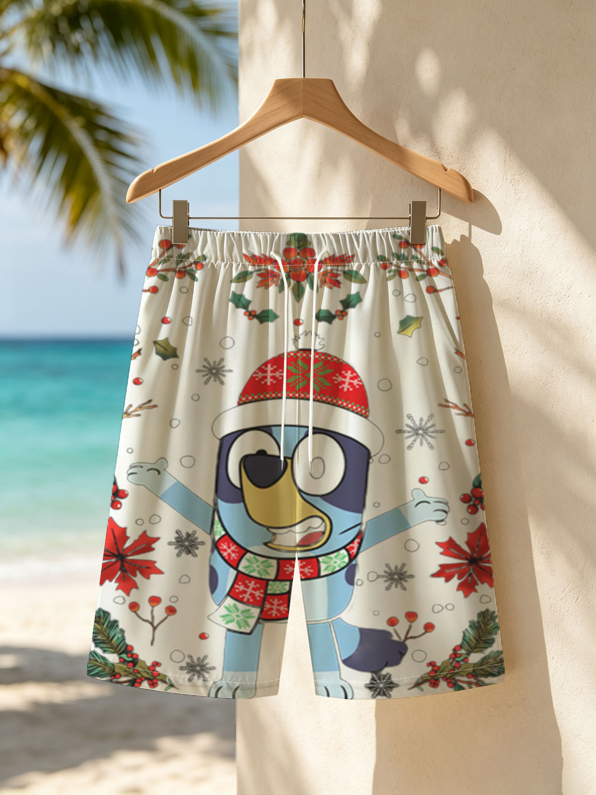 Bluey in Christmas Hat and Scarf, Festive Holiday Scene -  Beach shorts