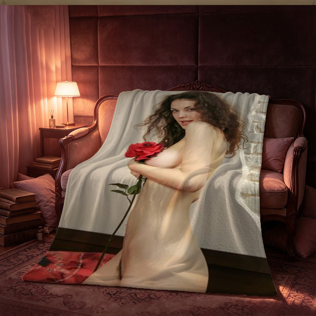 Nude woman with long blonde hair crouching on a pool table. - Blanket