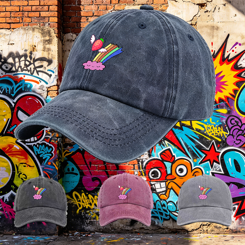 Men's Printed Washed Cap with Strawberry Wings and Rainbow Cloud Design - Casual Round Brim Summer Lightweight Hat for Outdoor Activities, Beach, Travel - Perfect for Young Adults and Trendy Streetwear Lovers