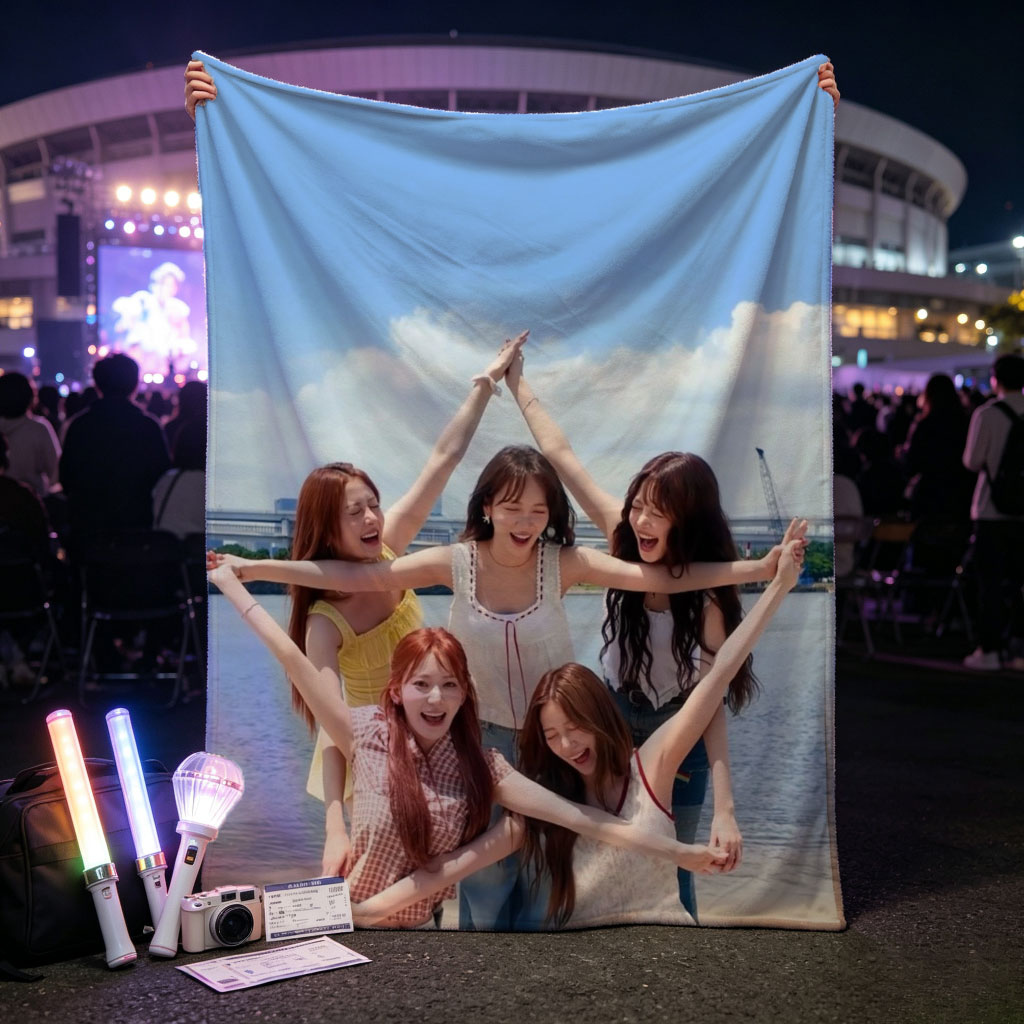 NewJeans at the Beach - Five Members Posing in a Star Shape Under Blue Sky - Blankets