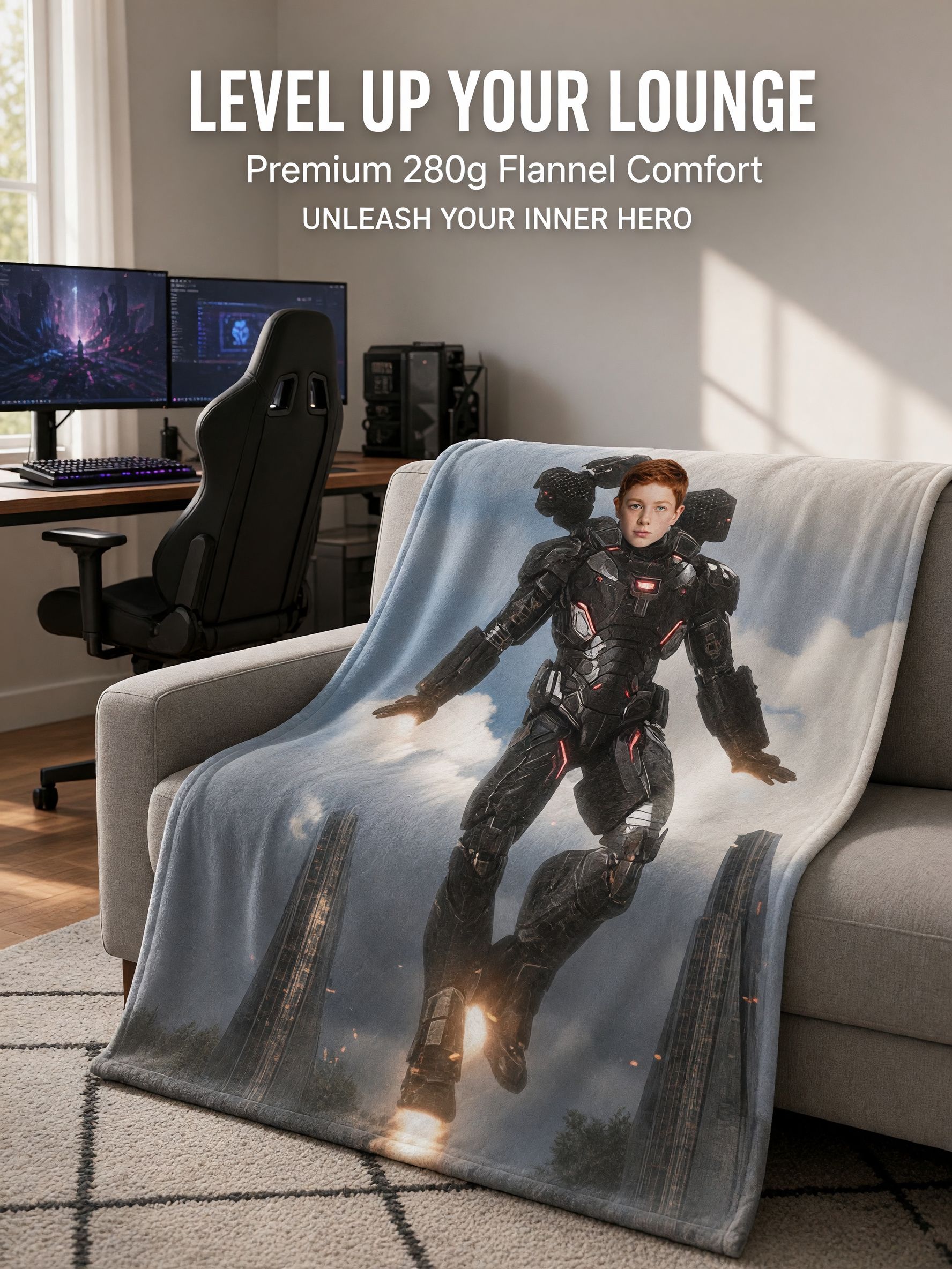 Custom Face Superhero Armor Flannel Blanket, Ultra Soft Anti-Pilling Throw for Bed Couch, Ideal Personalized Gift