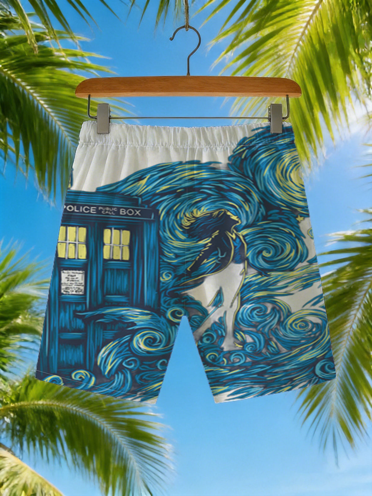 Doctor Who TARDIS in Starry Night Style with Silhouette Figure -  Beach shorts