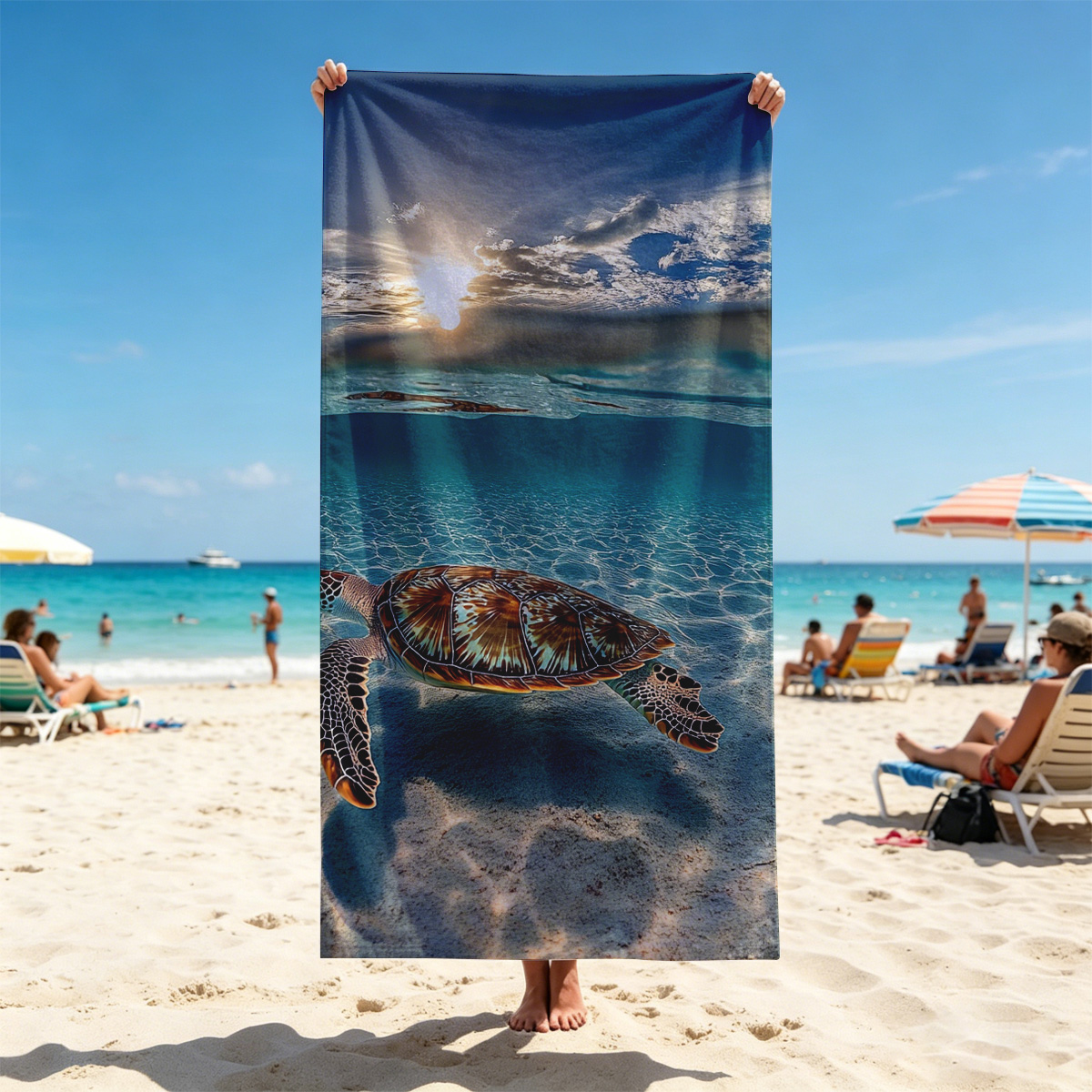 Sea Turtle Swimming in Clear Blue Waters Under Sunlight - Beach towels