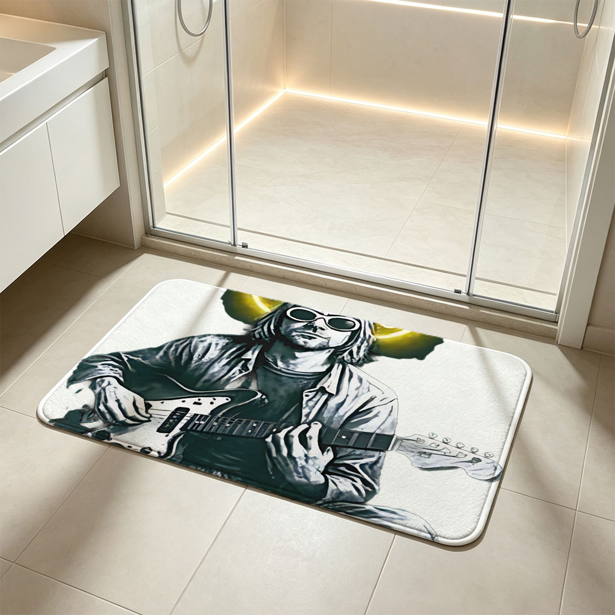 Kurt Cobain Playing Guitar with Neon Smile Halo - Flannel floor mat
