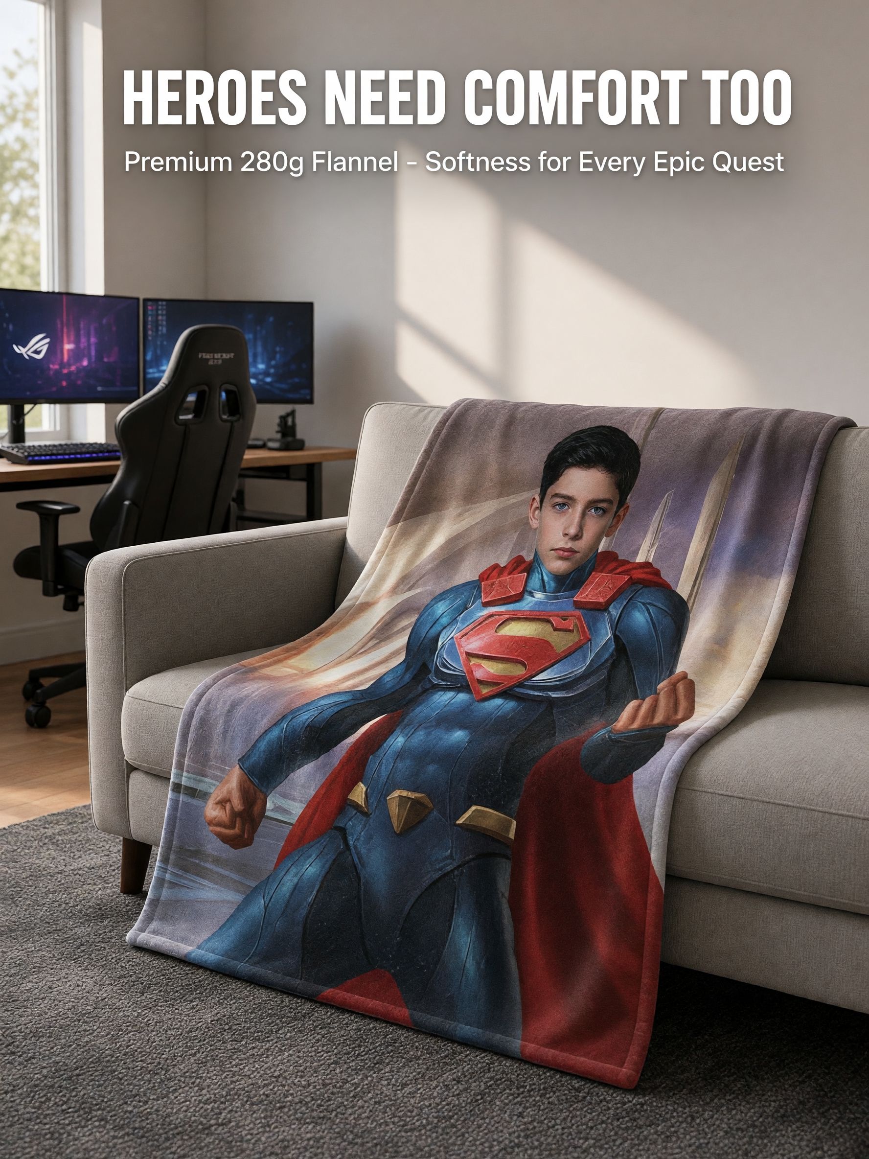 Personalized Superhero Face Photo Blanket Ultra Soft Flannel Throw Cozy Custom Gift for Bed Couch Travel