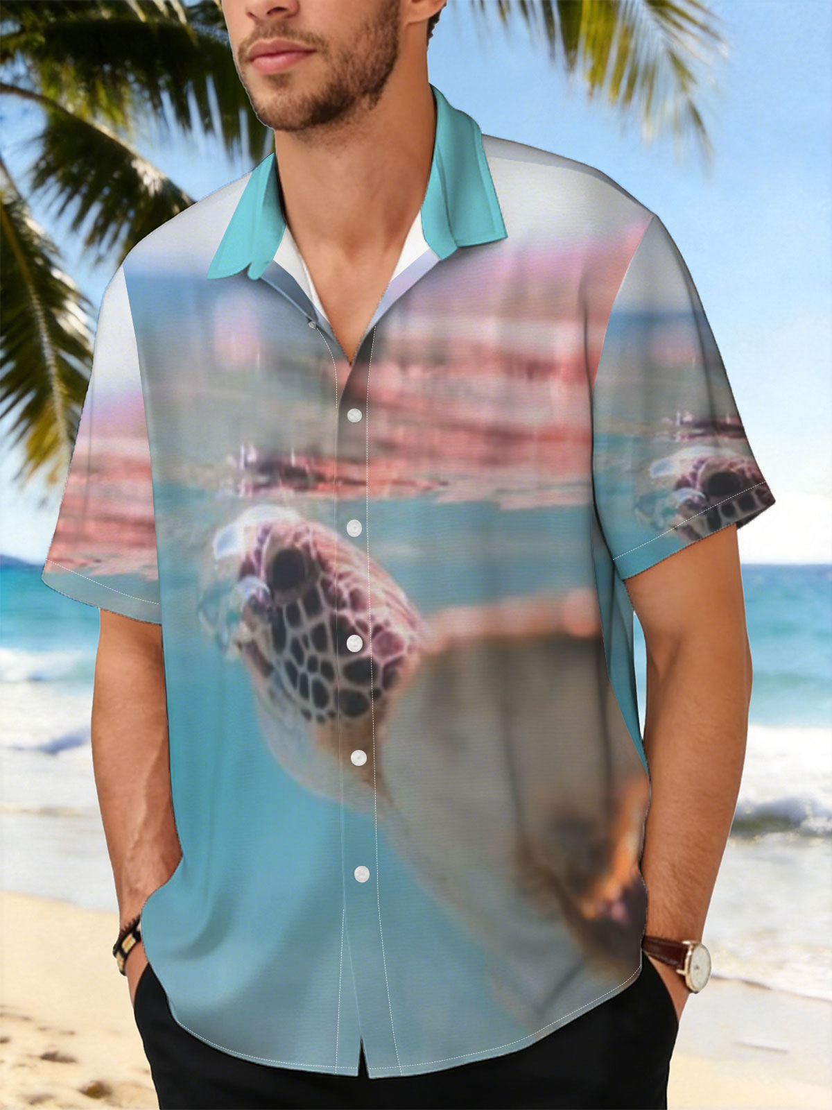 Sea turtle swimming at surface, half above water, clear blue ocean backdrop. -  Shirt