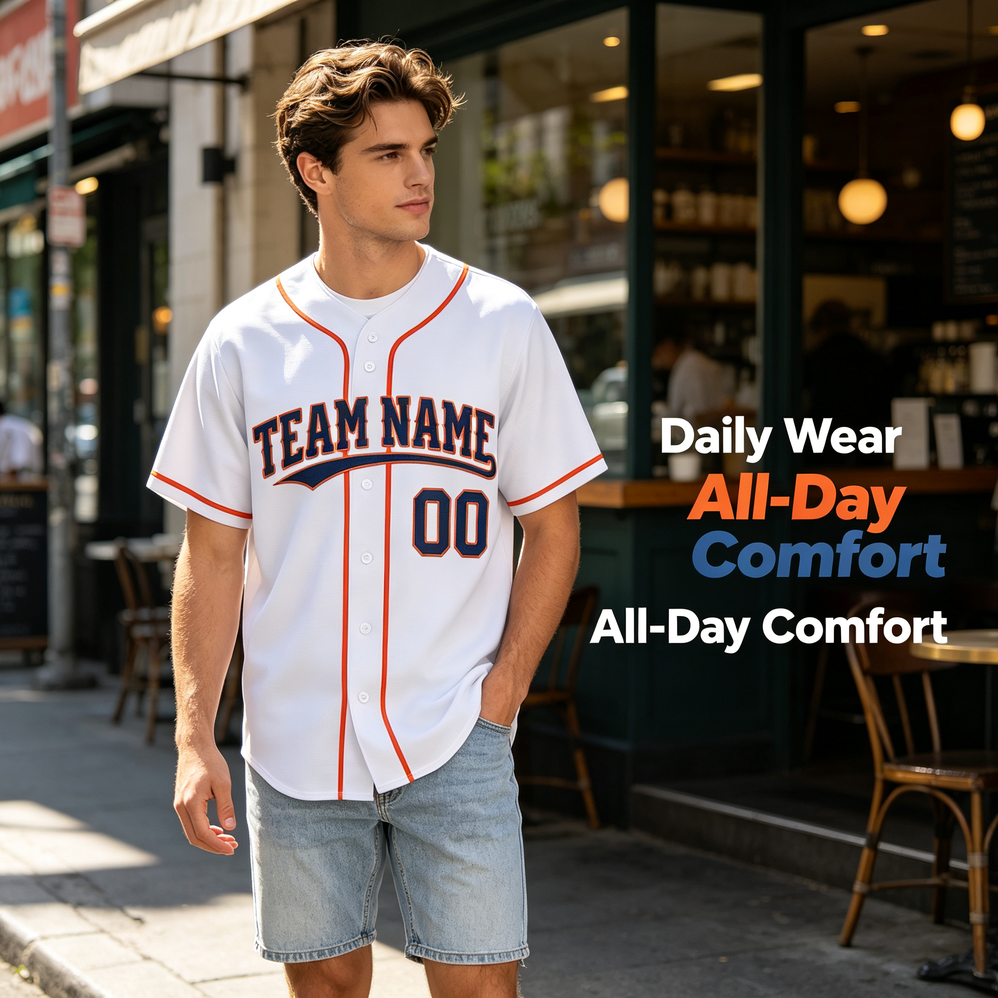 aCustom Printed Houston Space City Style Baseball Jersey White Orange Piping Button Down Shirt for Men and Women