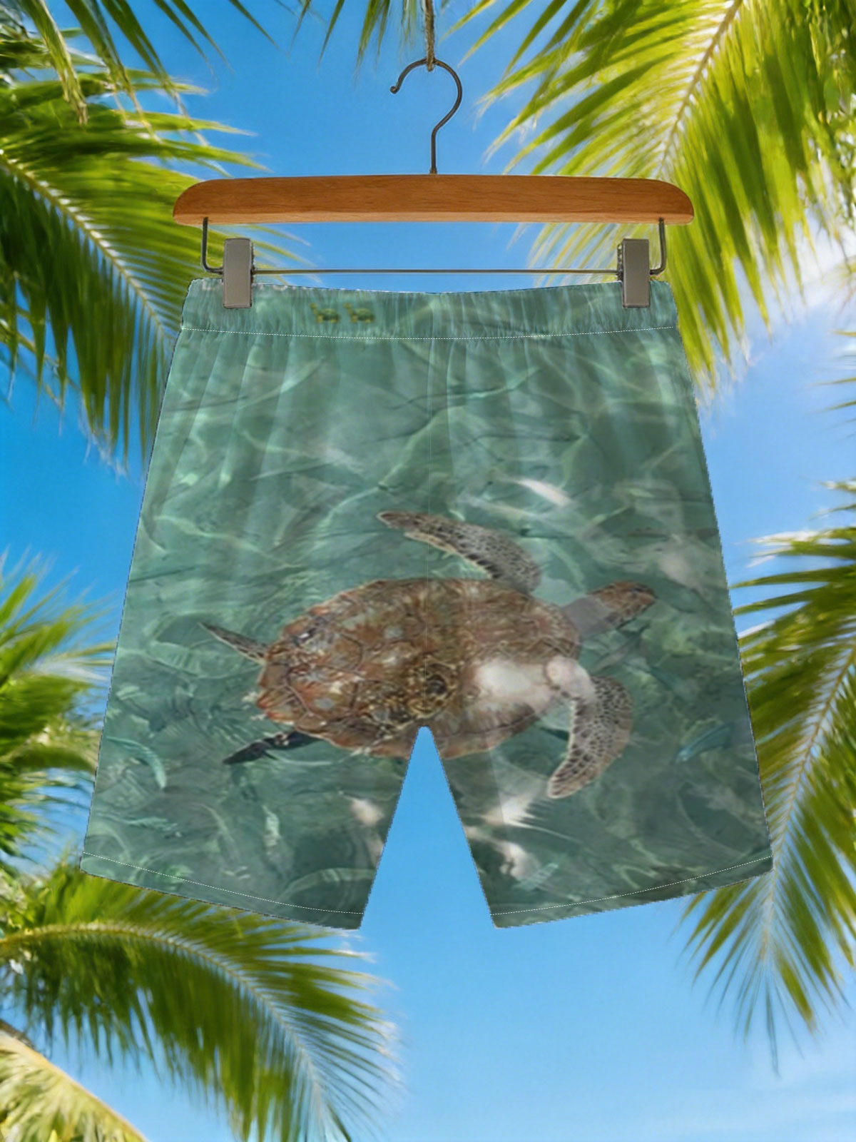 Sea turtle swims gracefully in clear turquoise waters at Playa Grandi. -  Beach shorts