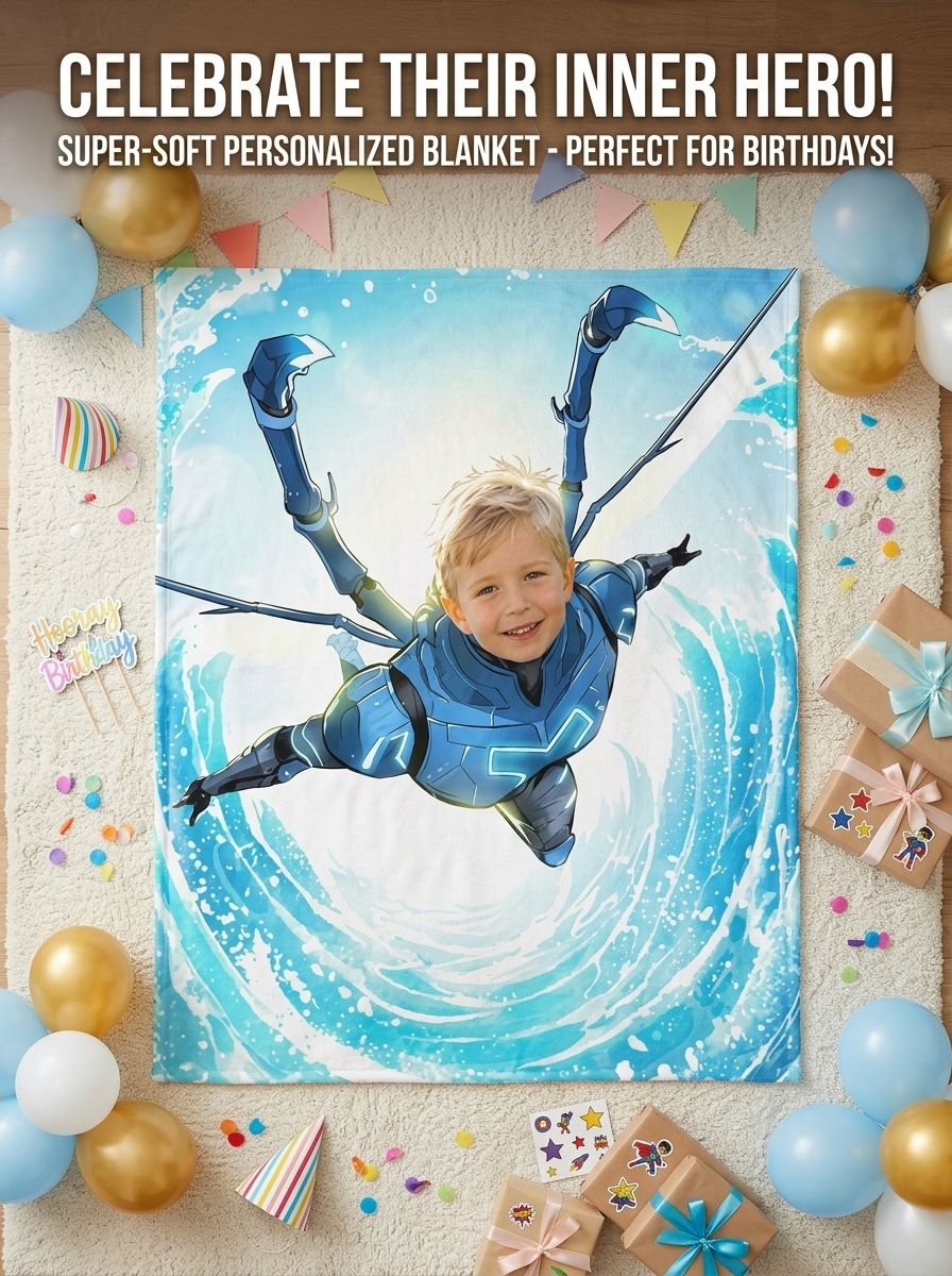 Custom Superhero Photo Flannel Throw Blanket Personalized Face Portrait Cozy Fleece Bedding for Kids and Adults Gift