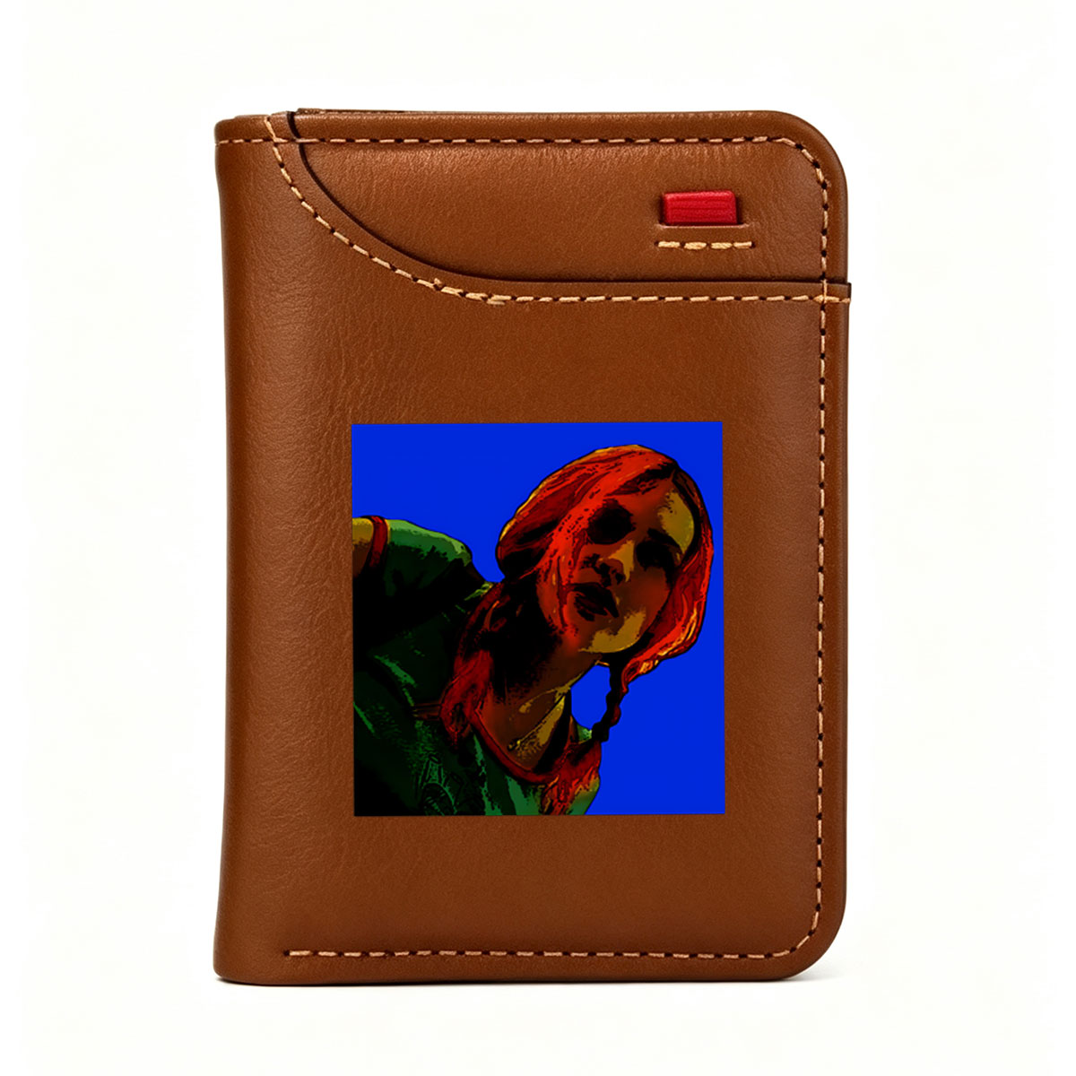 Red-Haired Woman in Green Top Against Blue Background - Vertical Style Wallet