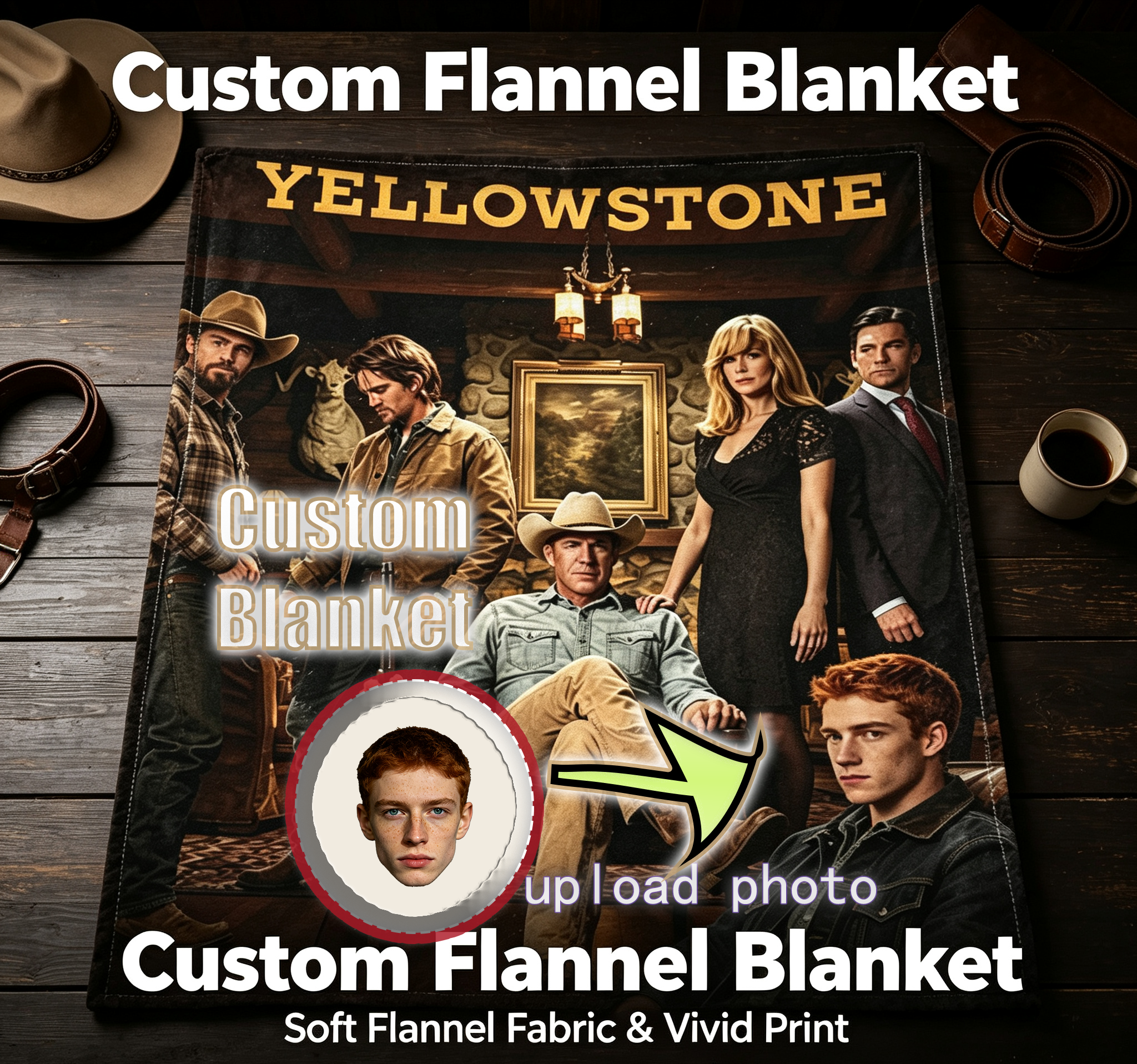 Custom Face Blanket Yellowstone TV Series Flannel Blanket for Couch or Bed Cozy Gift for Fans and Collectors