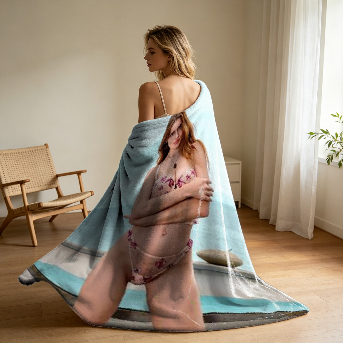 Blake Lively in a beige dress lying on a wicker sofa. - Blanket