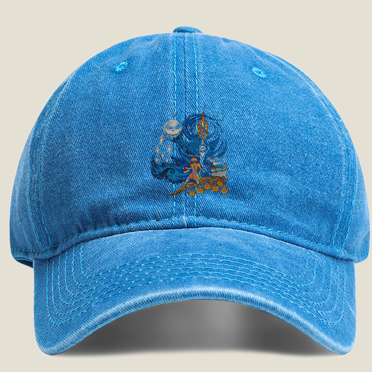 The Nightmare Before Christmas: Jack Skellington and Sally in a Magical Night Scene - Washed Denim - Baseball Cap