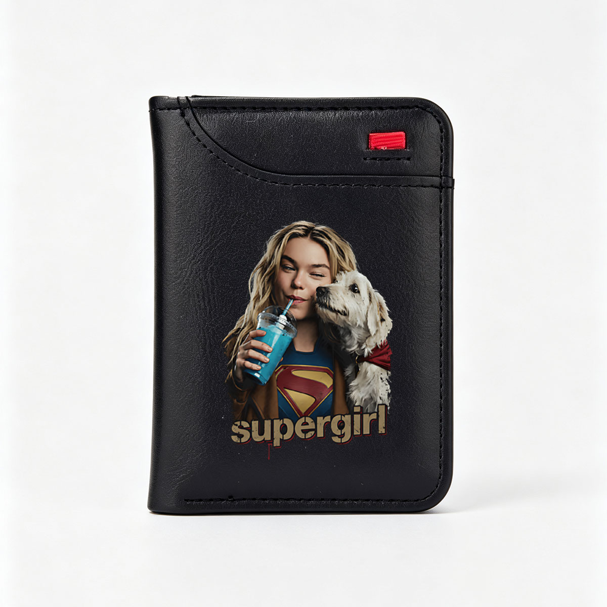 Supergirl with Dog and Blue Drink - Vertical Style Wallet