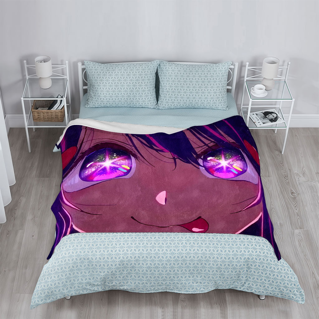 Anime Character with Glowing Purple Eyes and Dramatic Expression in a Cosmic Background - Blankets