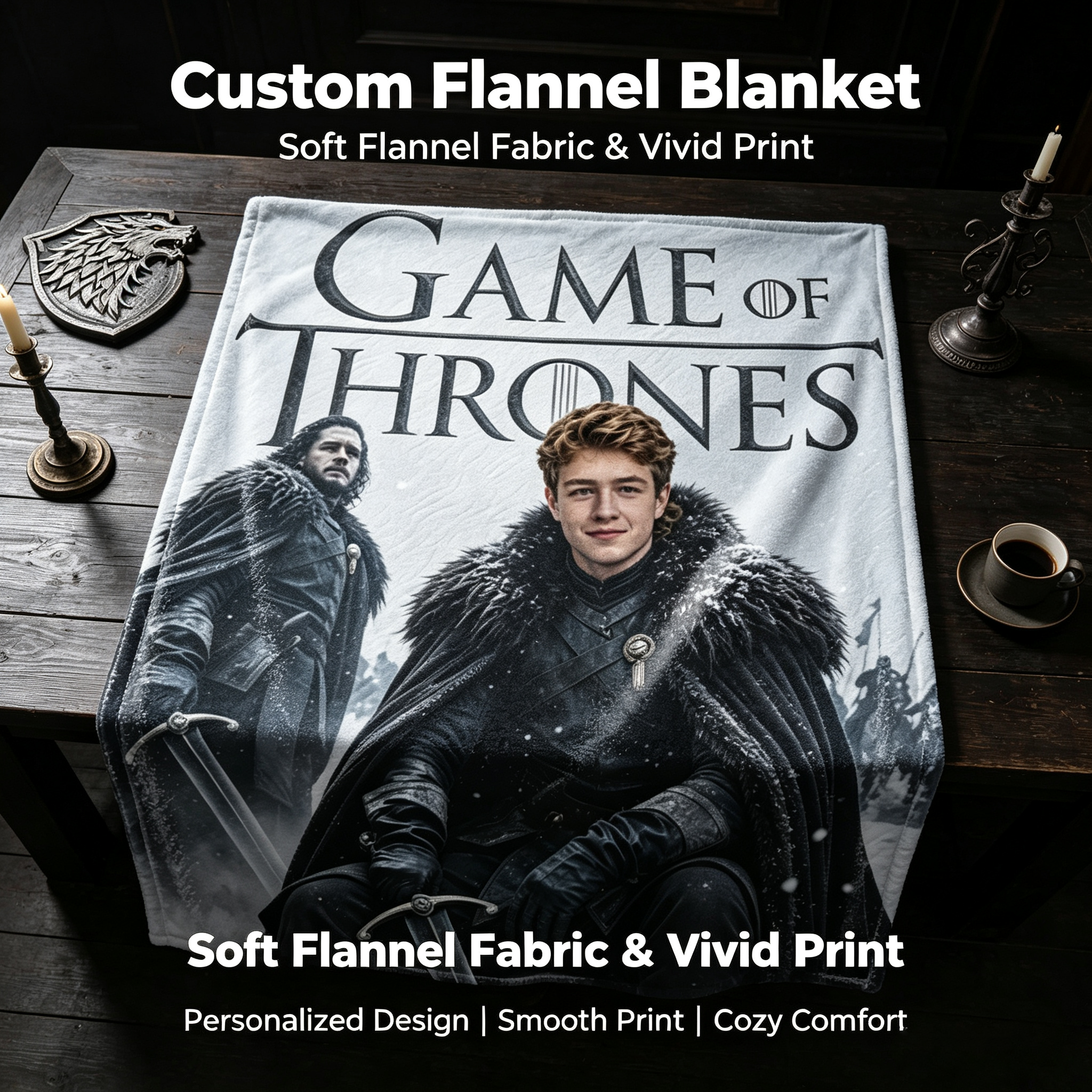 Custom Face Blanket Game of Thrones Flannel Blanket Winterfell Theme Cozy Bedding Gift for Fans