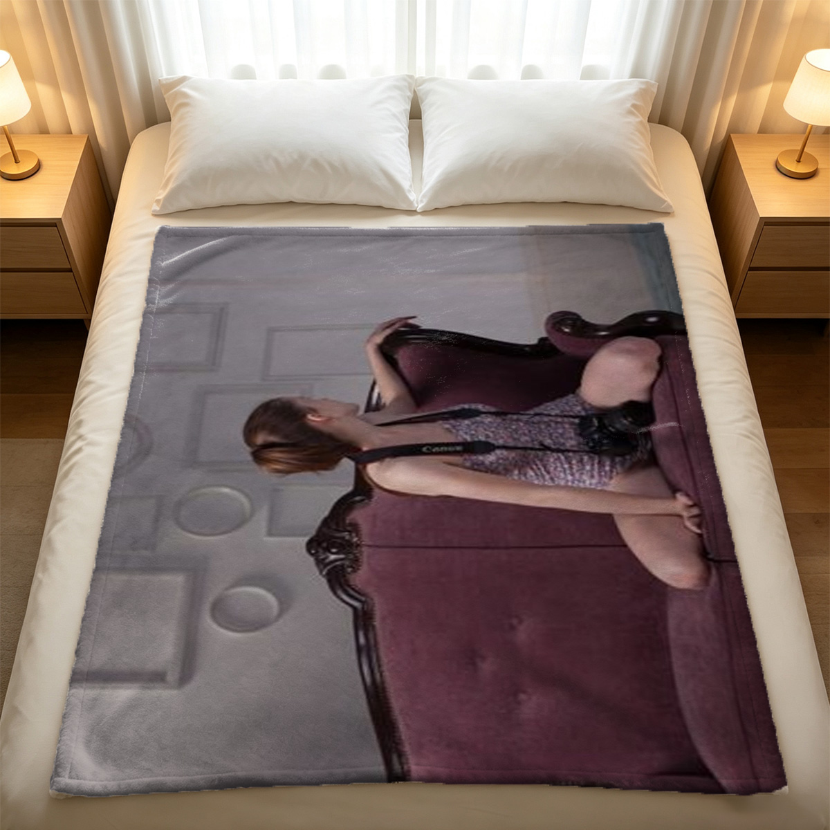 Nude Asian beauty in beige skirt posing on luxury sofa - Blanket