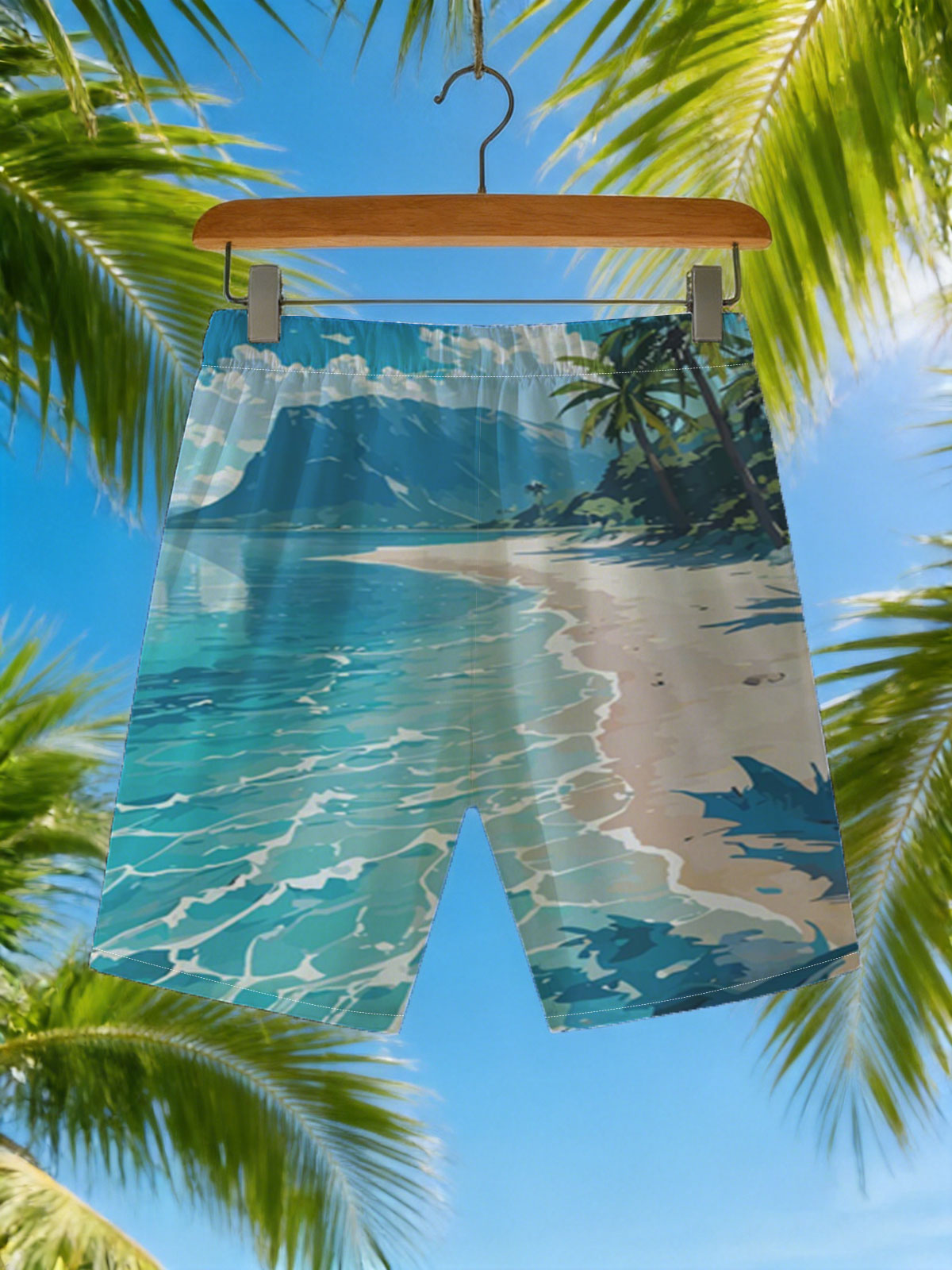 Tropical Beach with Crystal Clear Water and Palm Trees -  Beach shorts