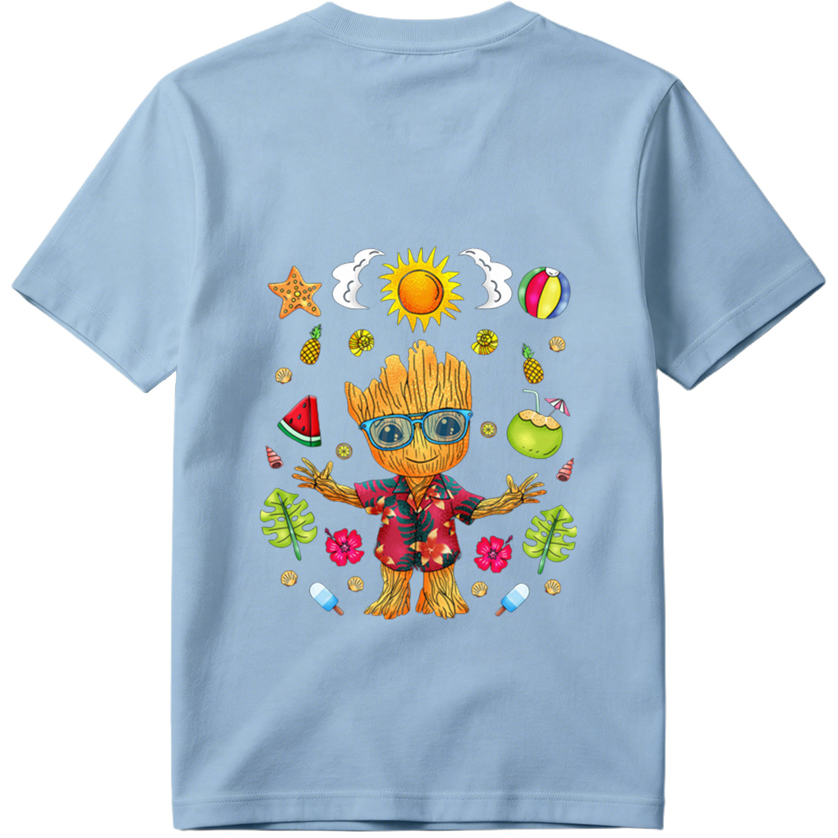 Groot in Hawaiian Shirt with Summer Elements - Tee