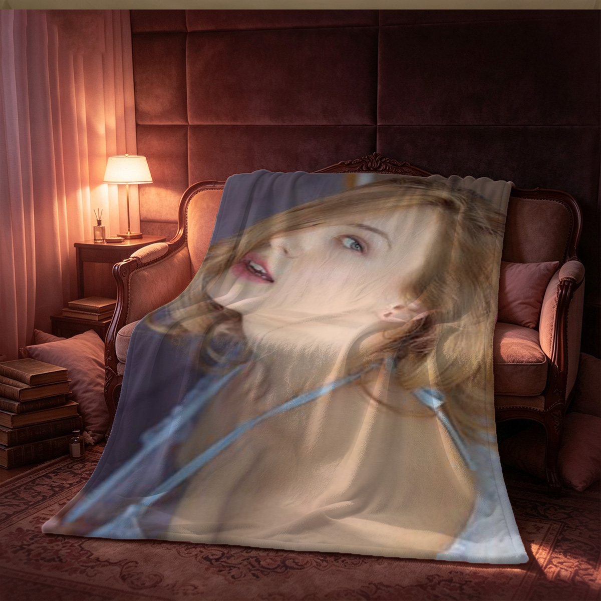 Nude blonde on wooden table. - Blanket