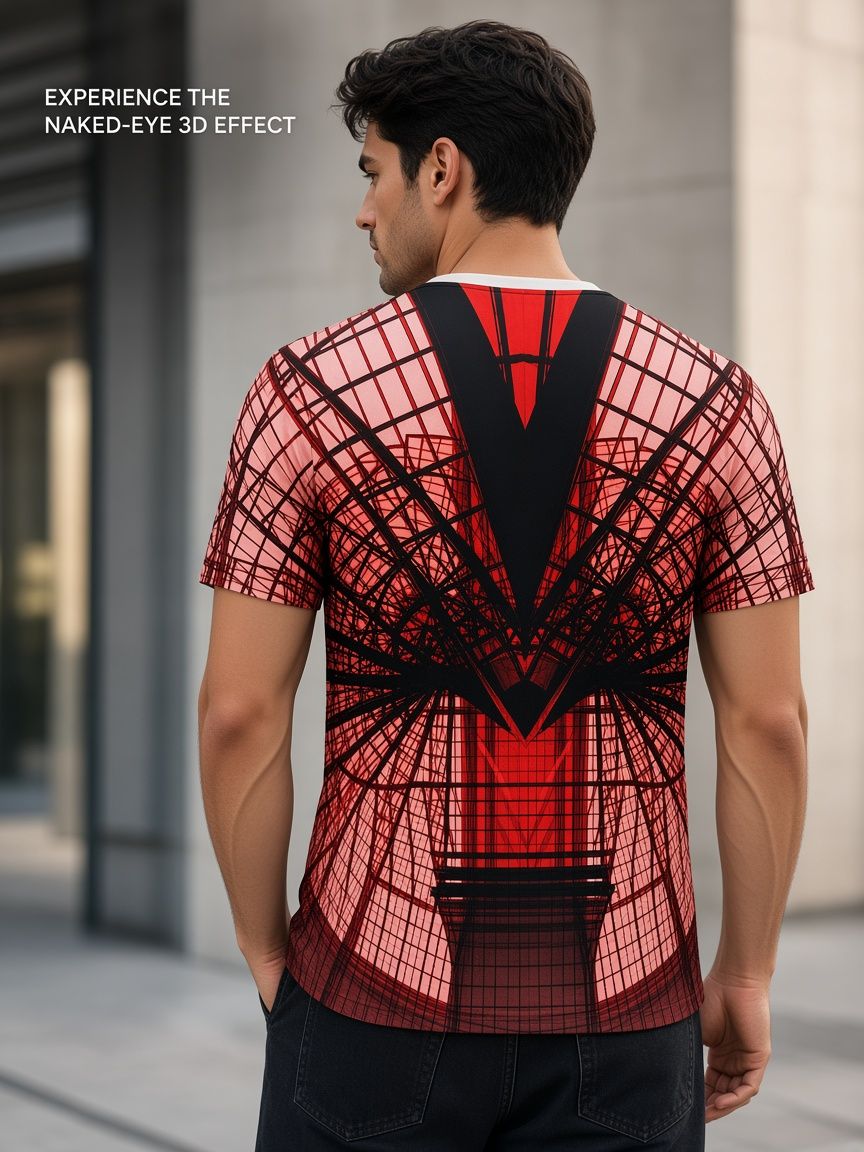 Red Geometric Grid 3D Optical Illusion Graphic Tee, Breathable Athletic Mesh T-Shirt for Casual and Sports Wear