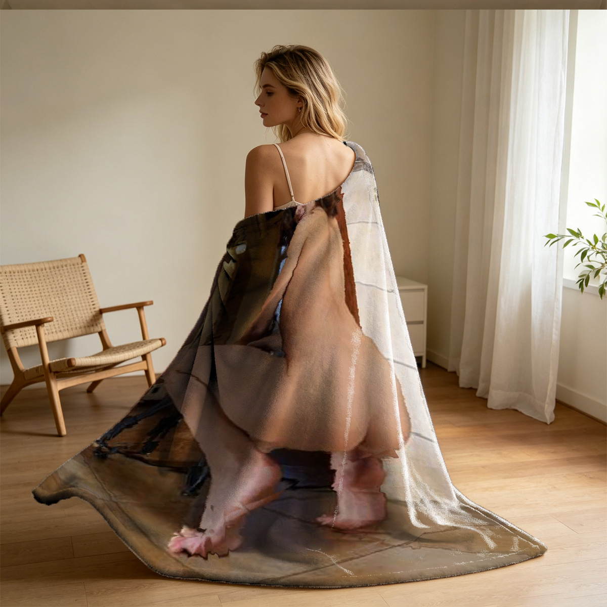 A young blonde woman with bare shoulders and long hair, looking back over her shoulder. - Blanket