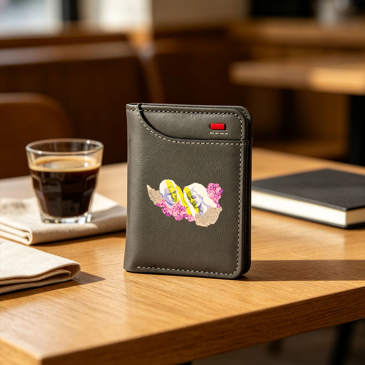 Two stylized faces with yellow highlights and purple flowers, set against a backdrop of text fragments. - Vertical Style Wallet