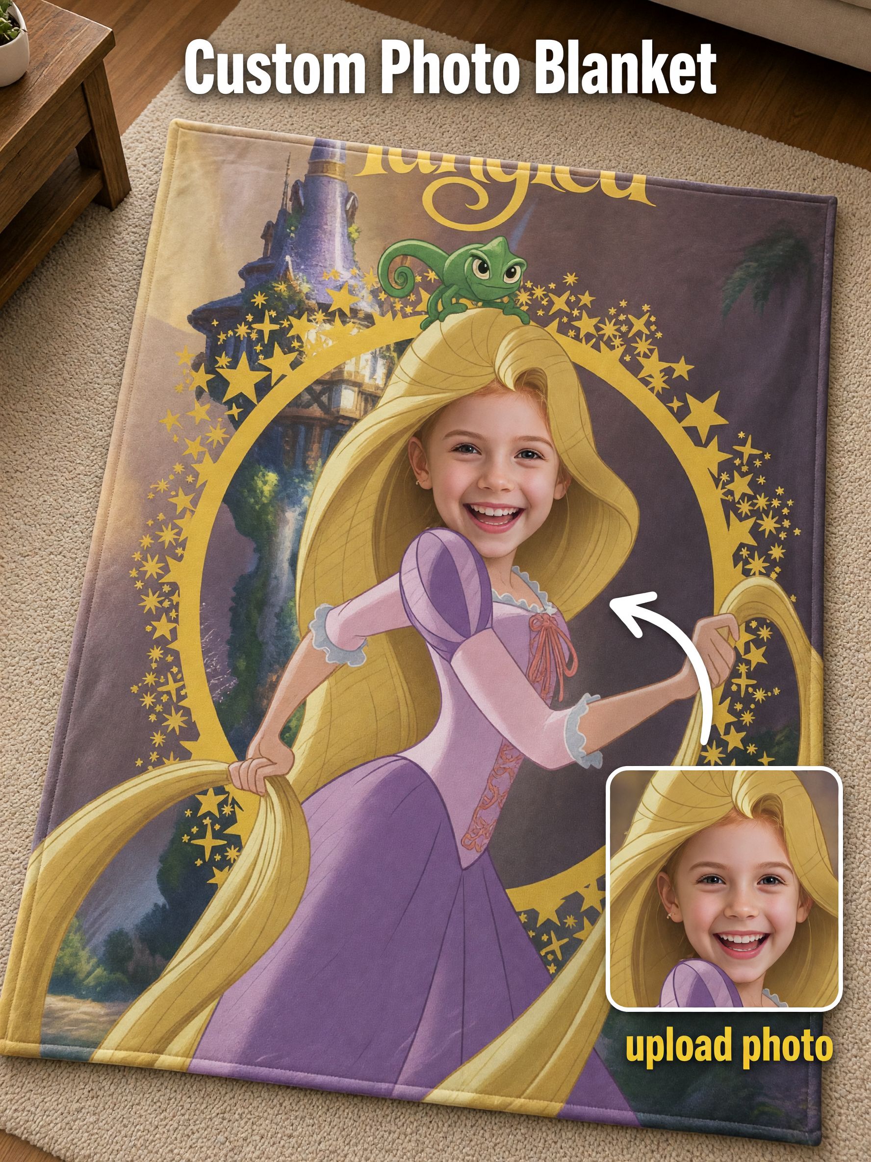 Custom Face Blanket Personalized Fairytale Princess Flannel Throw, Soft Cozy Fleece Gift for Kids and Family