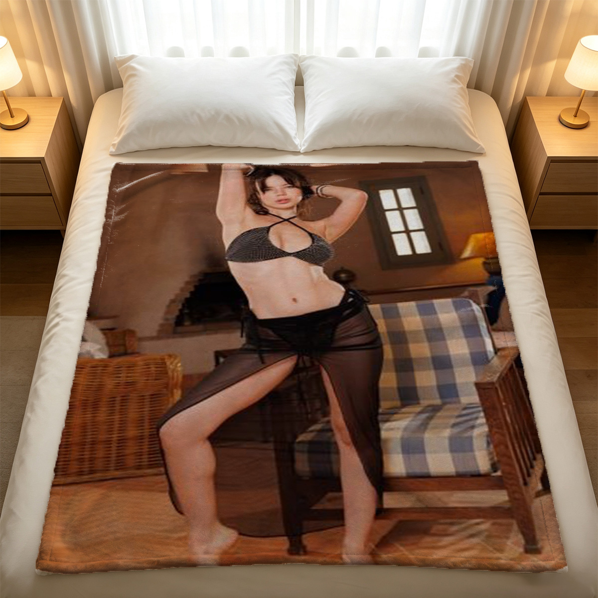 Nude Blonde Posing by Palm Plant in Loft Studio - Blanket