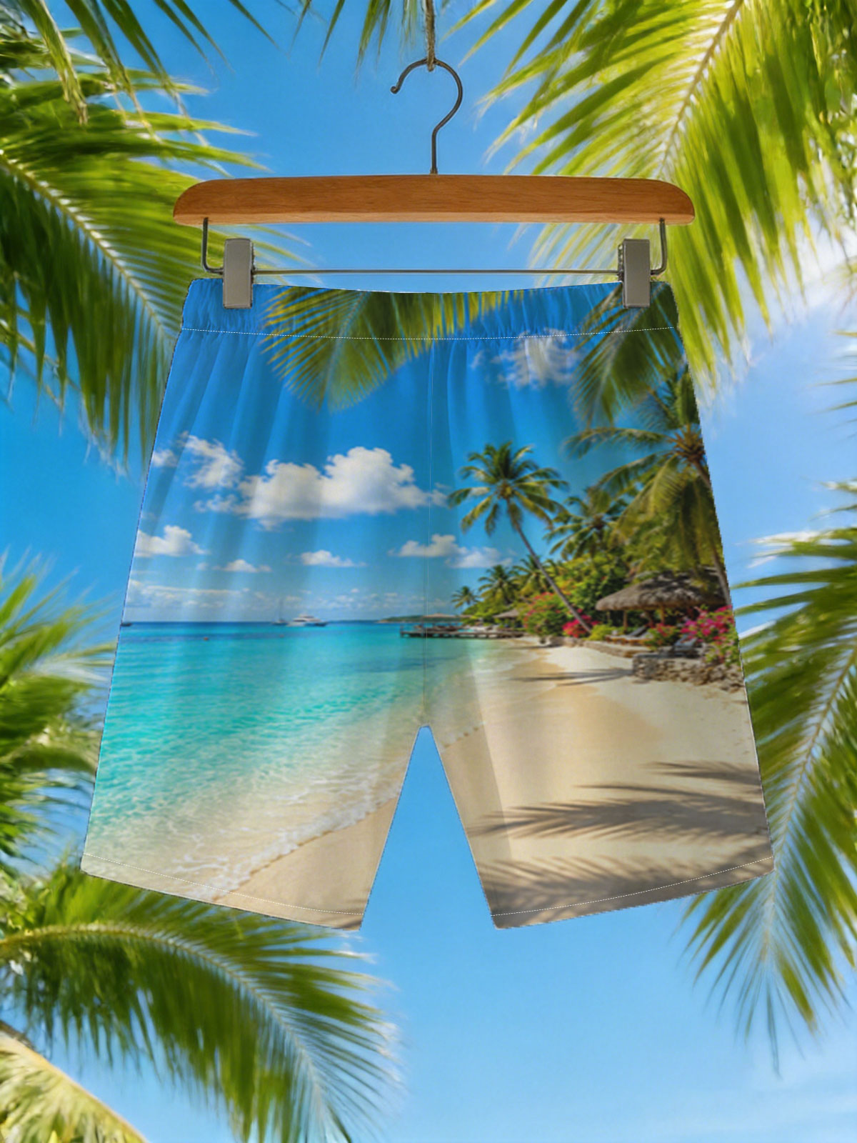 Tropical Beach with Palm Trees and Crystal Clear Water -  Beach shorts