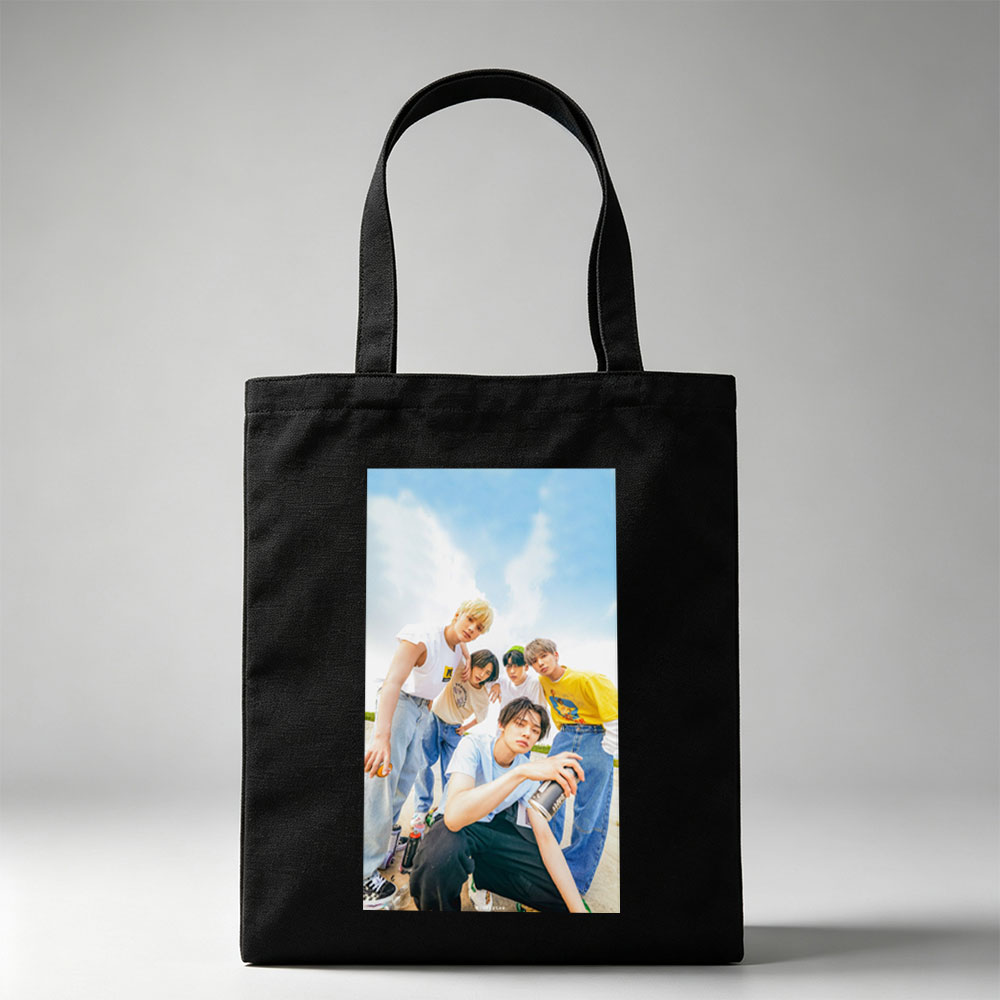 TXT Members Outdoors in Casual Wear Holding Drinks Under Blue Sky - Canvas tote bags