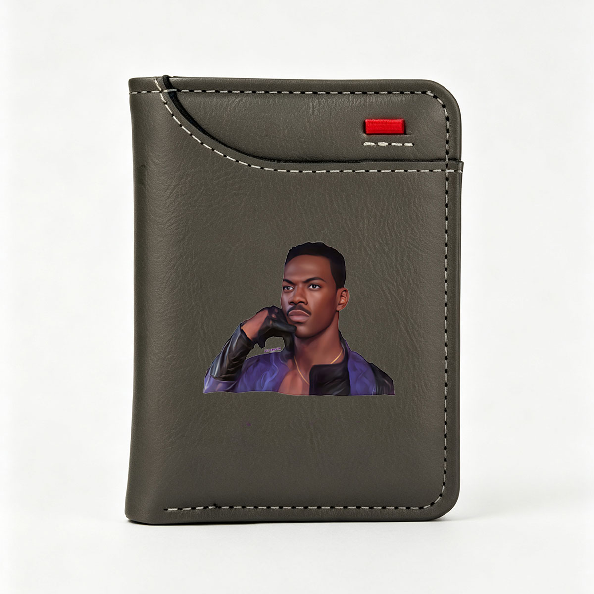 Chris Rock as a stylized character in a purple jacket, wearing gloves and a gold chain, with a confident pose. - Vertical Style Wallet
