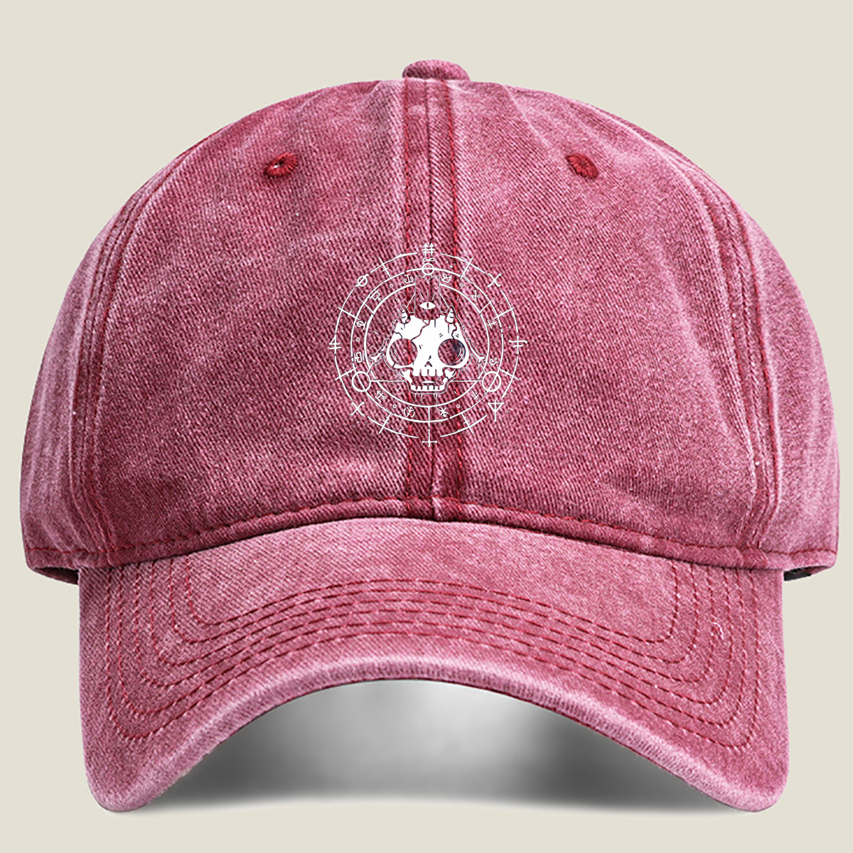 Skull with Horns and Mystical Symbols - Washed Denim - Baseball Cap