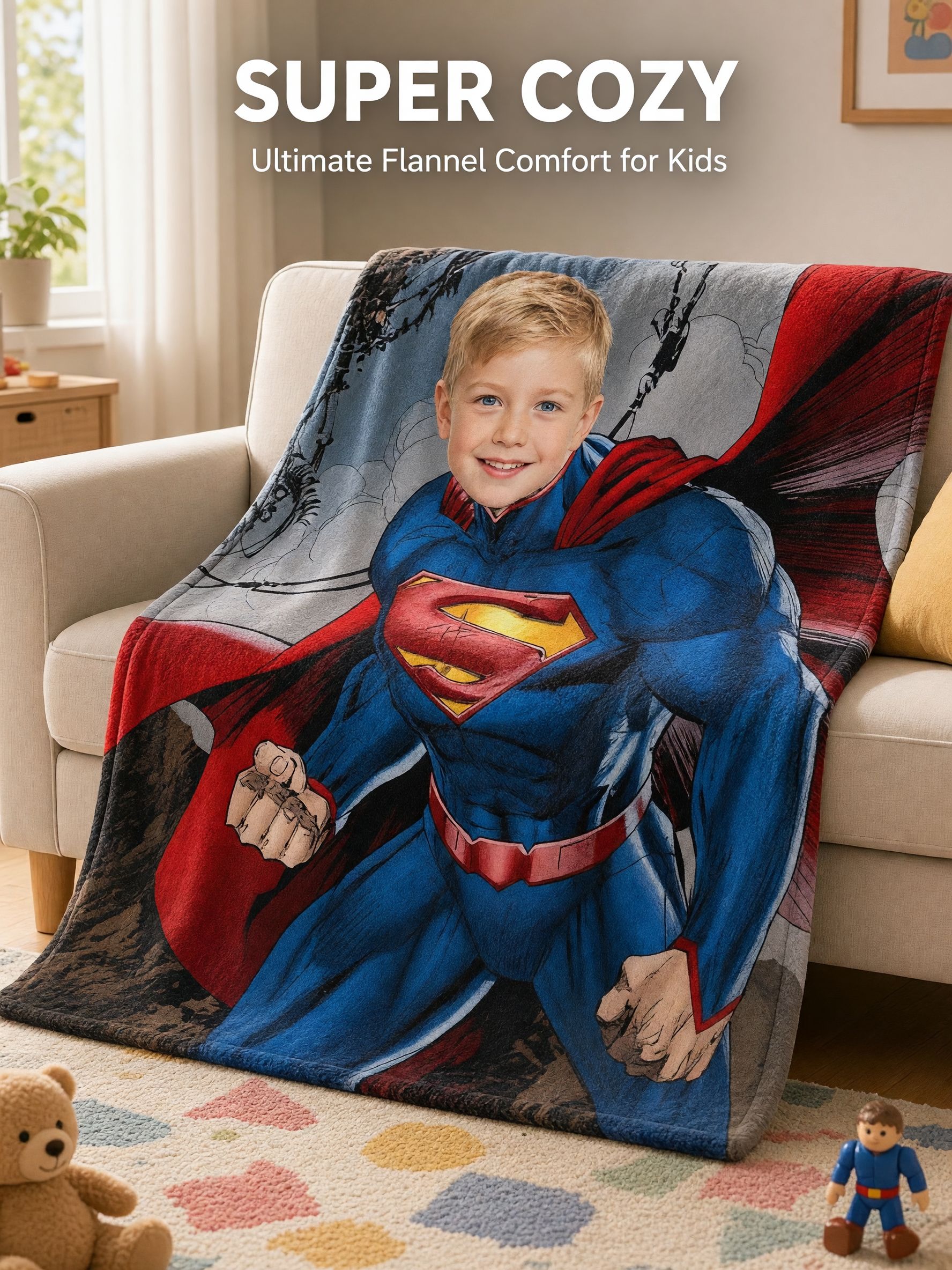 Custom Face Superhero Blanket Personalized Photo Flannel Fleece Throw Soft Warm Bed Couch Throw for Kids and Adults