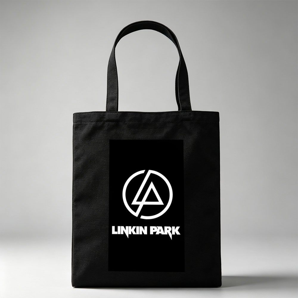 Linkin Park Logo on Black Background with White Symbol and Text - Canvas tote bags