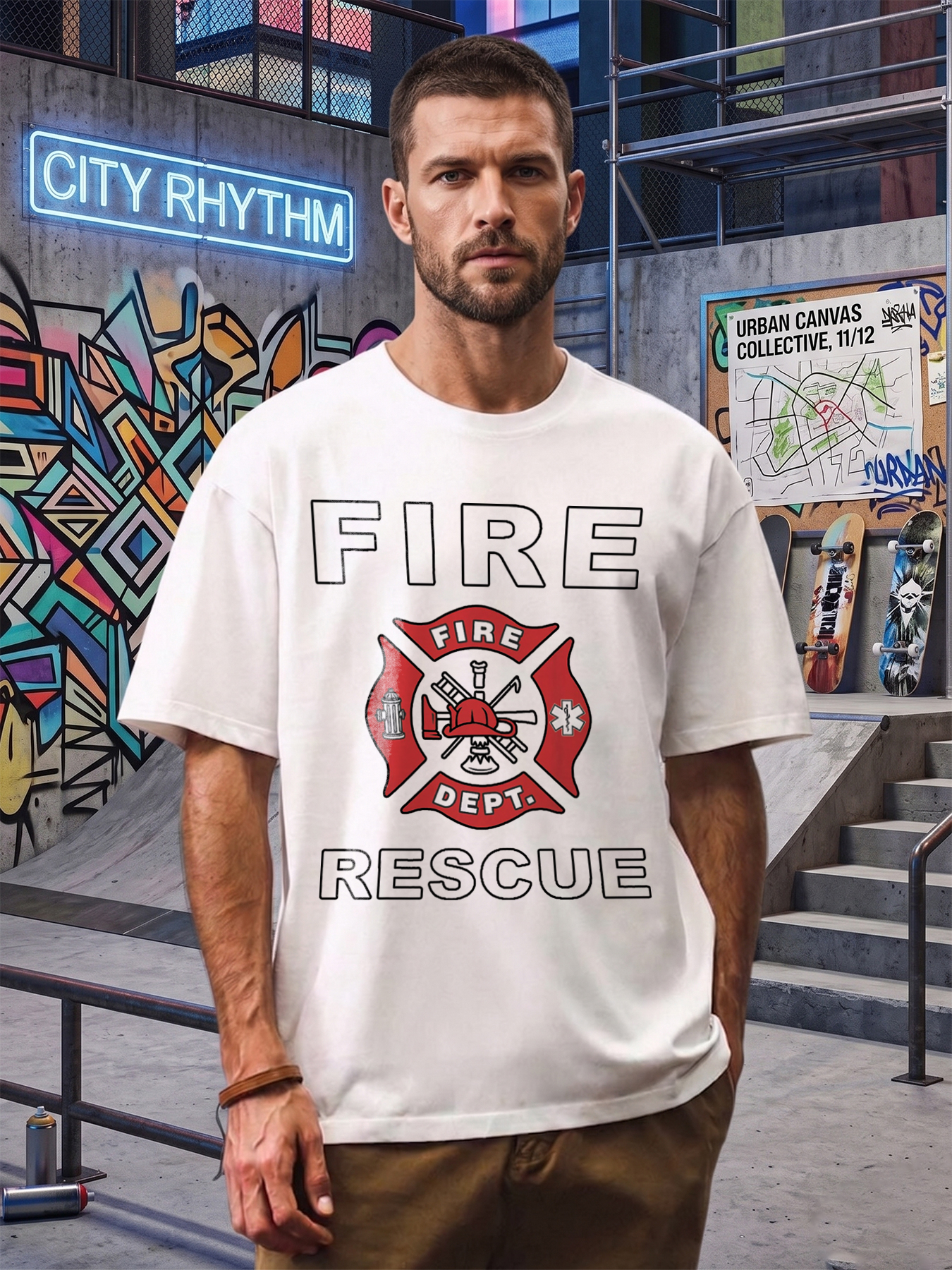 Men's Fire Rescue Department Print T-Shirt with Maltese Cross and Firefighter Emblem Graphic, Casual Round Neck Lightweight Breathable Summer Short Sleeve Tee for Firefighters, Emergency Responders, and Outdoor Enthusiasts