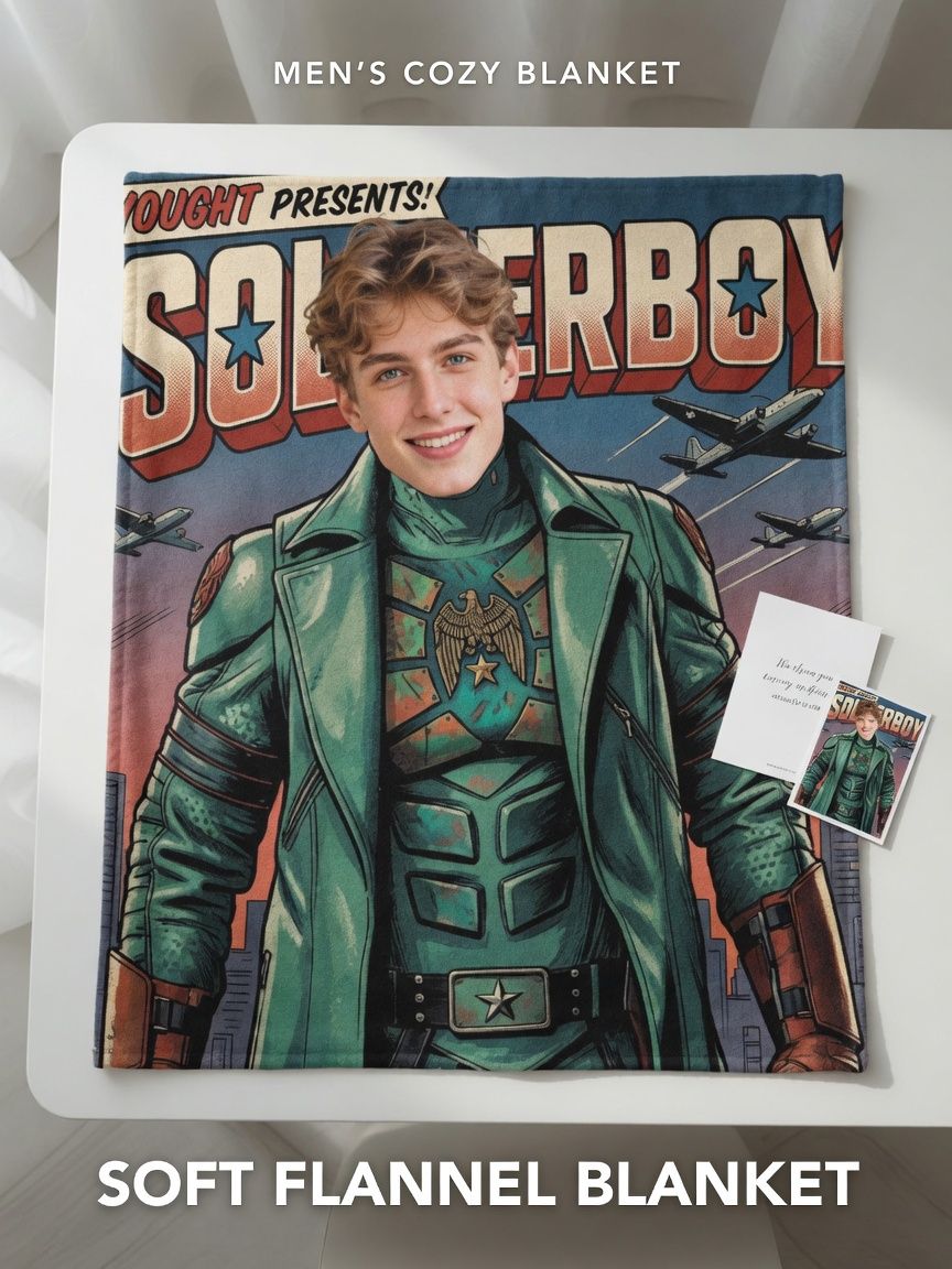 Personalized Custom Face Flannel Blanket Vintage Comic Hero Poster Ultra Soft Warm Throw for Couch Bed Travel Gift