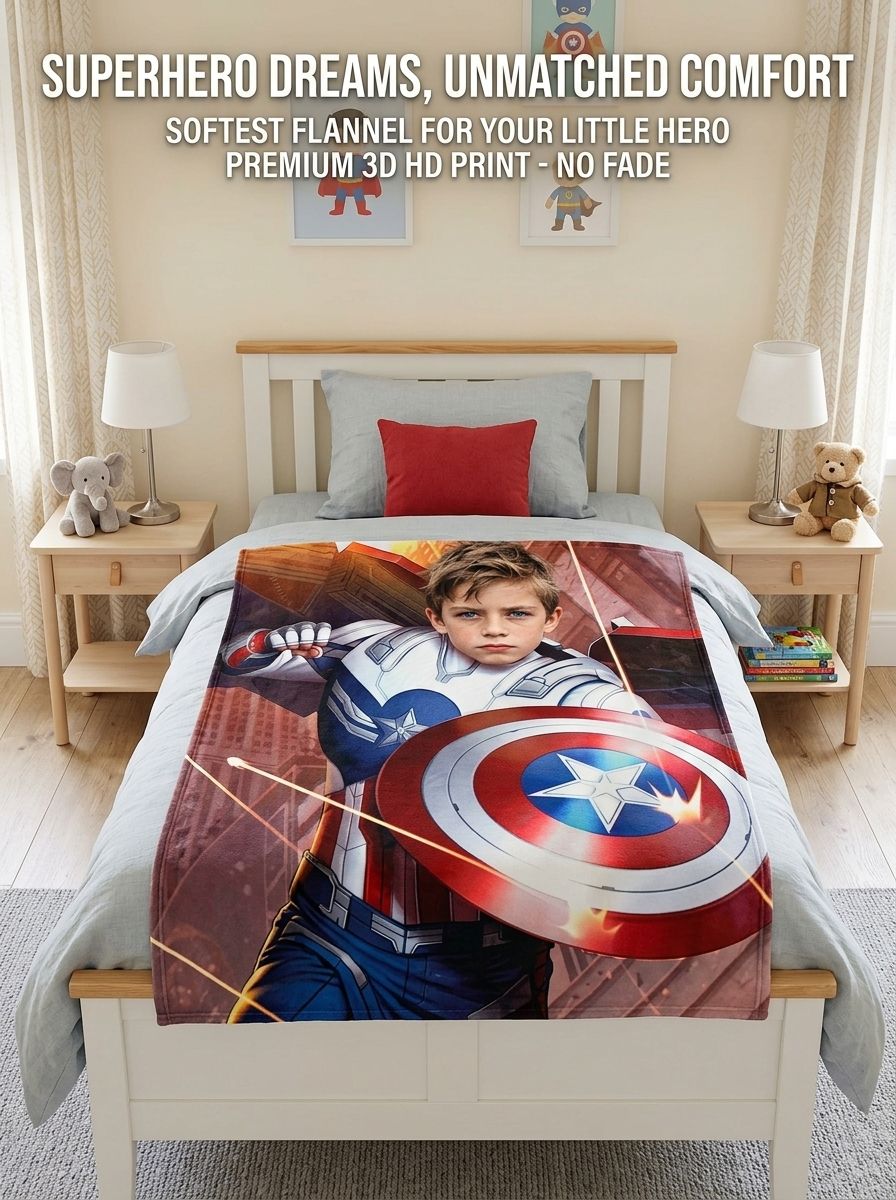Personalized Superhero Photo Blanket Custom Face Flannel Throw Skin Friendly Warm Cozy Fleece Bedding Gift for Kids