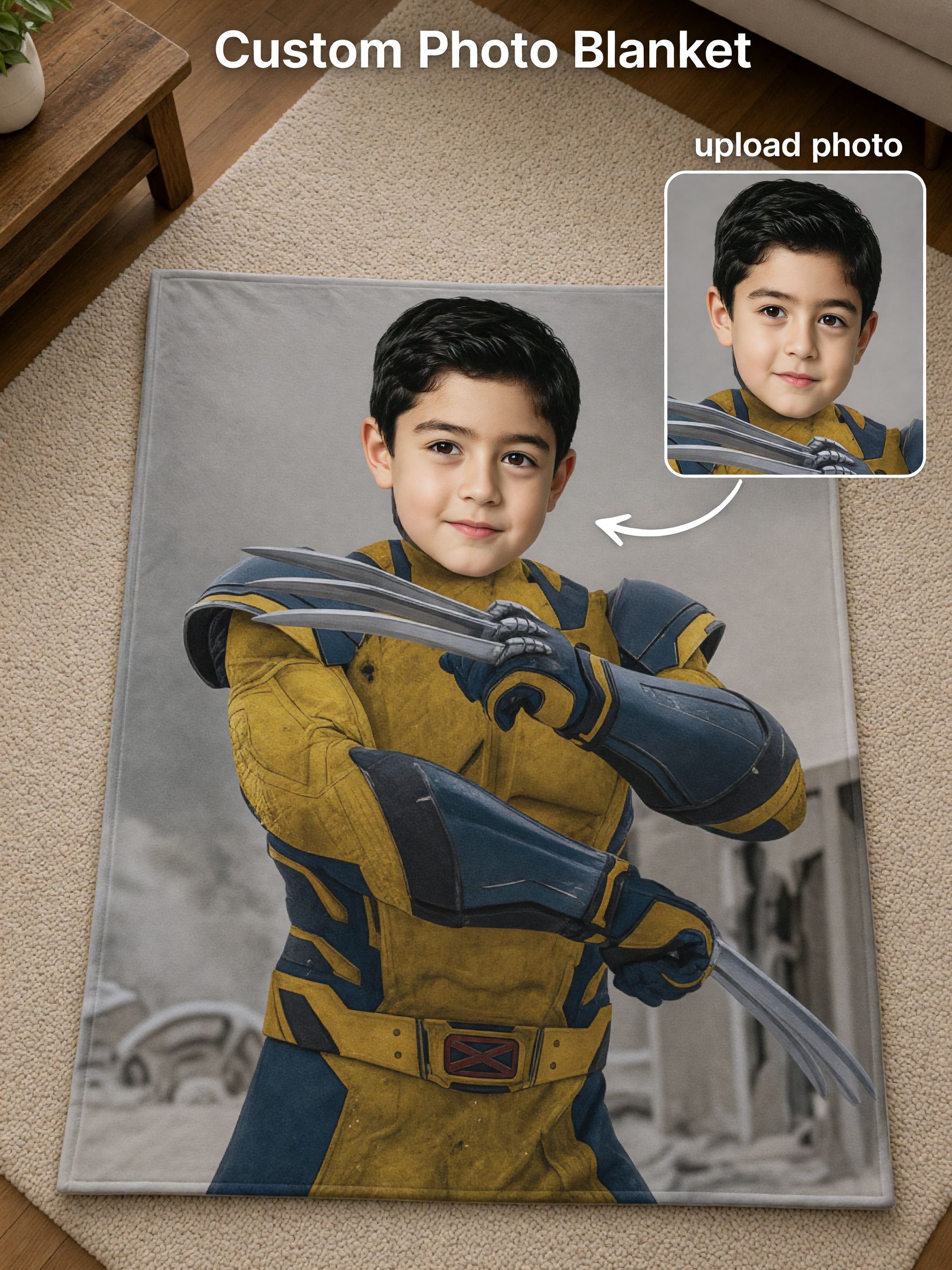 Custom Face Photo Blanket Personalized Superhero Flannel Fleece Throw Cozy Birthday Gift for Kids and Family