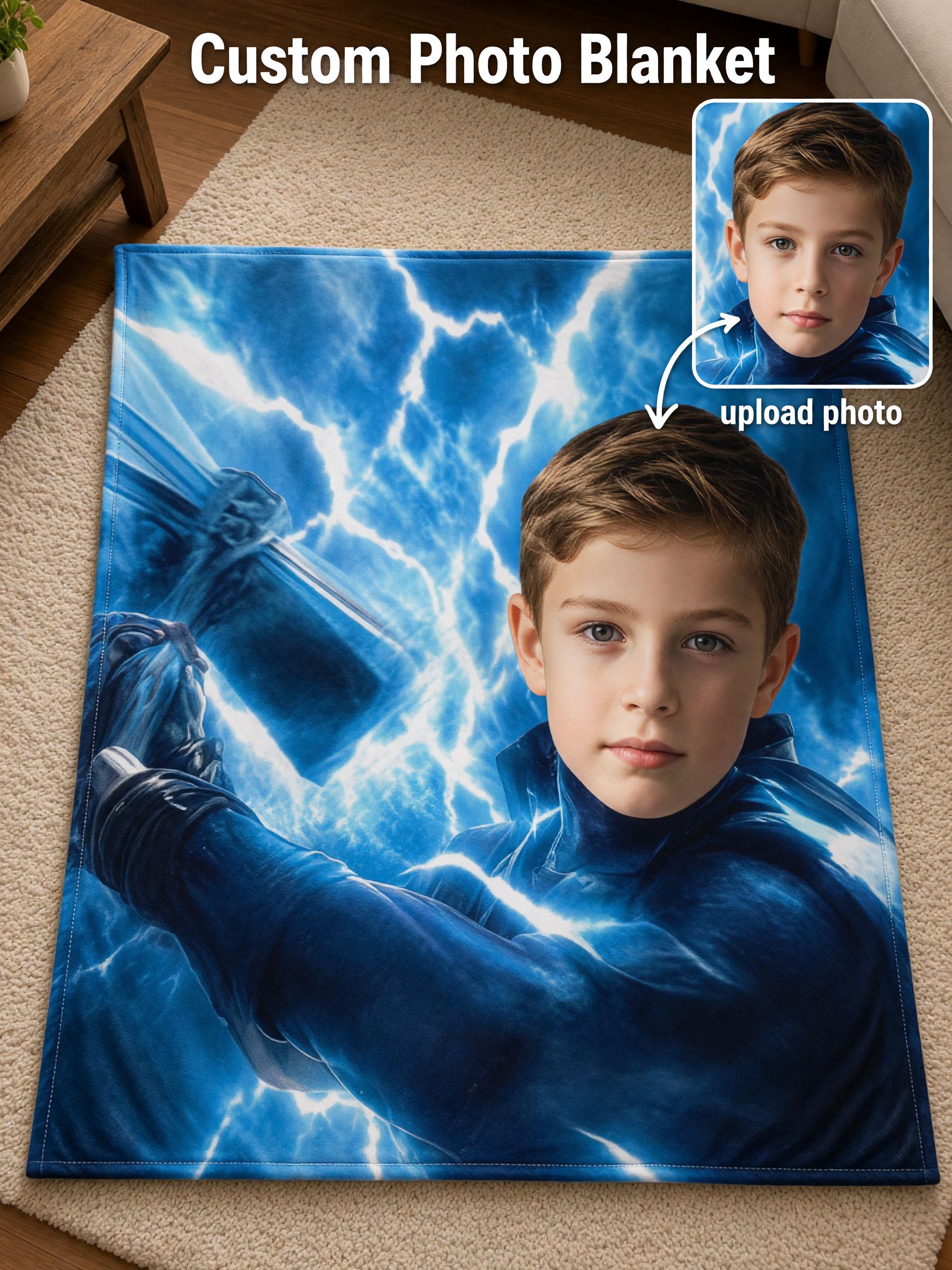 Custom Face Photo Blanket Superhero Lightning Print Flannel Fleece Throw, Cozy Plush Bed Couch Ideal Personalized Gift